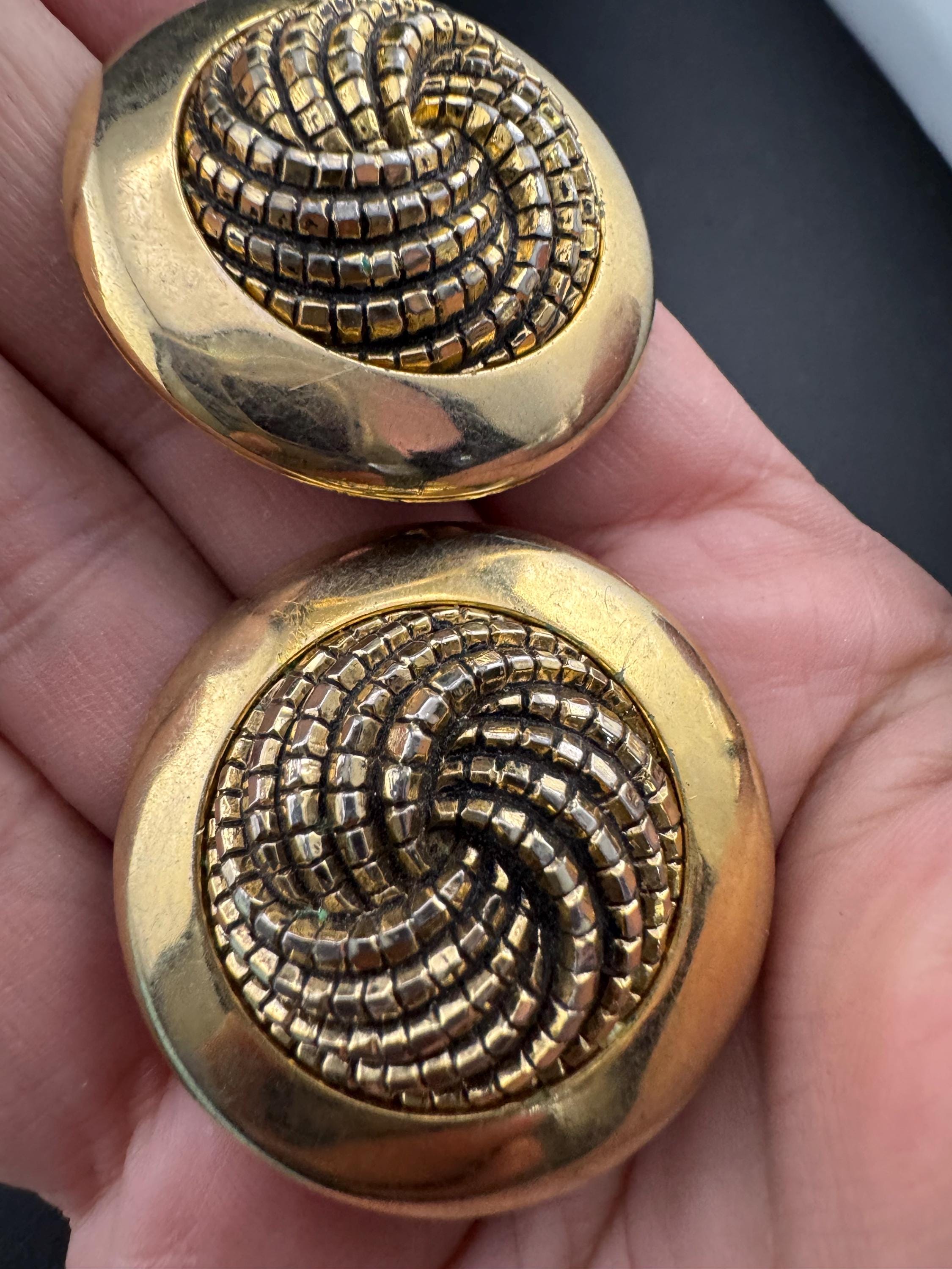 oversized round gold tone plastic disc button domed clip on earrings