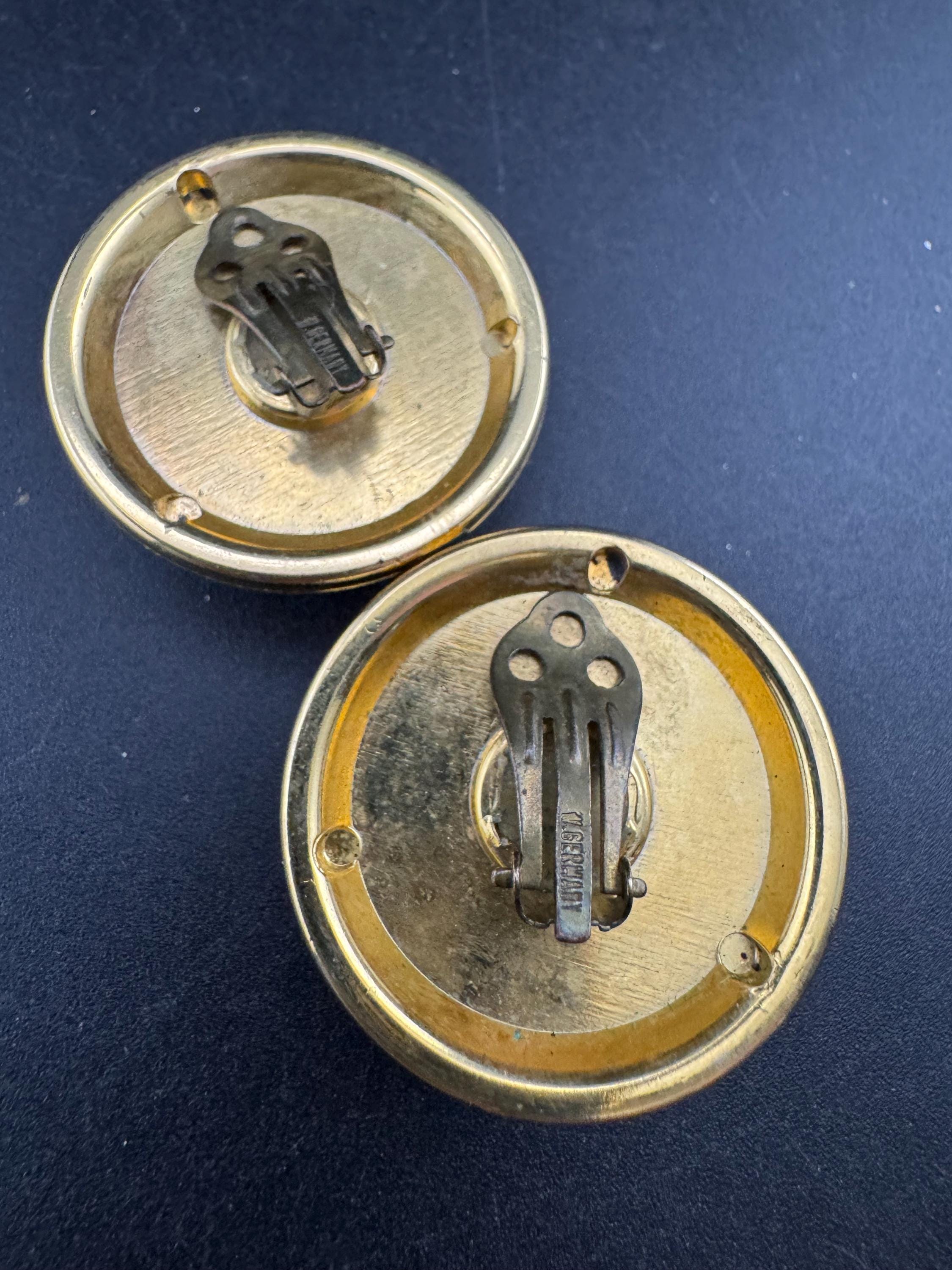 West Germany Gold Clip On Earrings: Black Acrylic Cabochon, 1990s