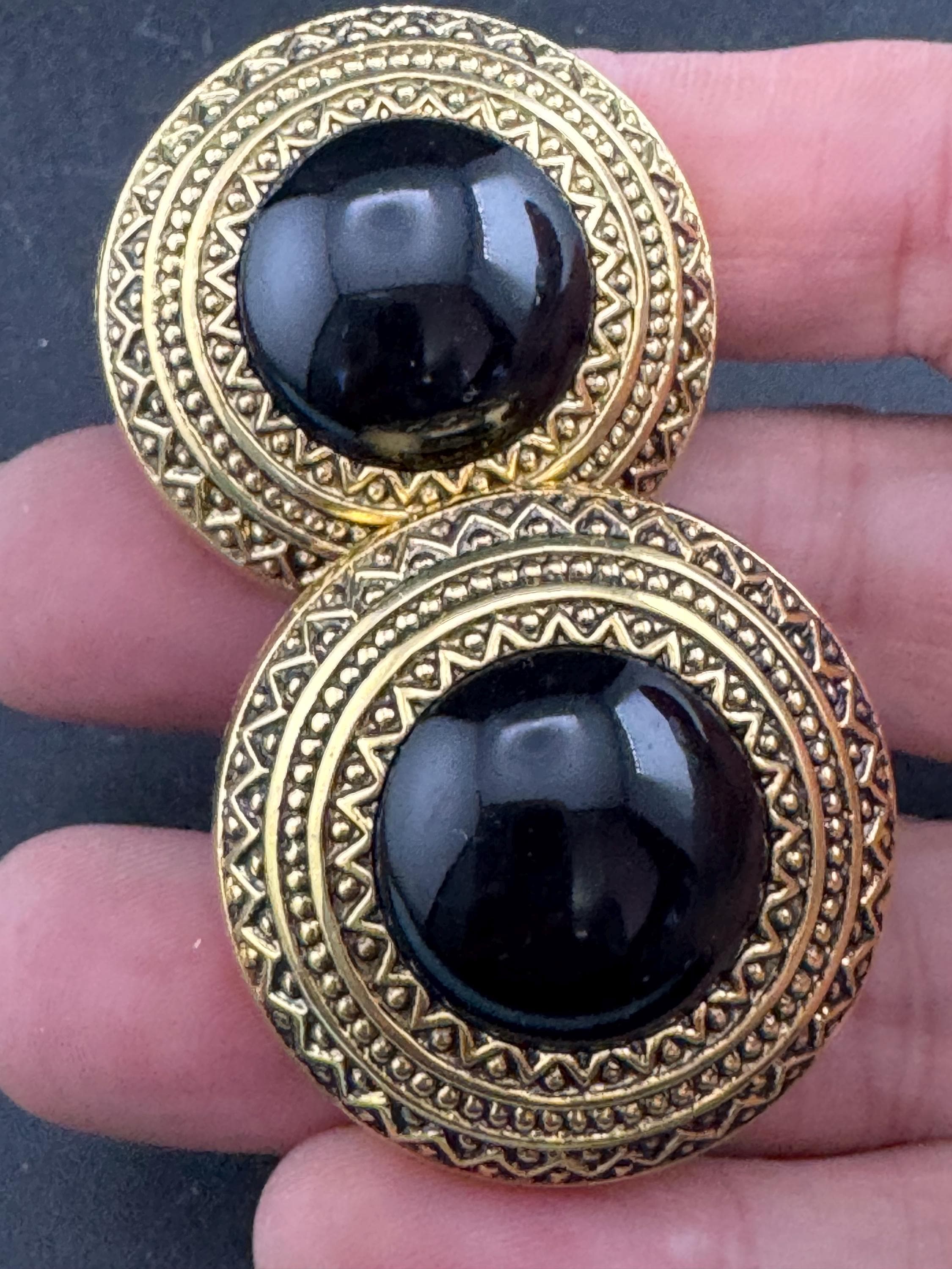 West Germany Gold Clip On Earrings: Black Acrylic Cabochon, 1990s