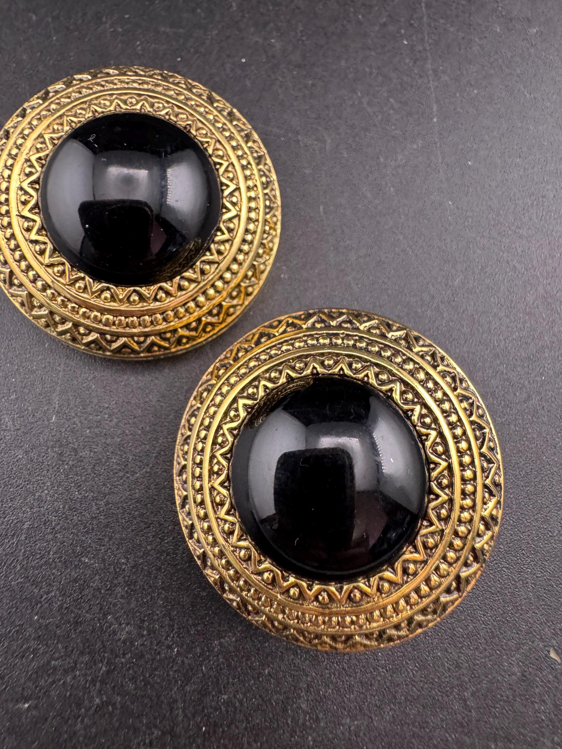 West Germany Gold Clip On Earrings: Black Acrylic Cabochon, 1990s