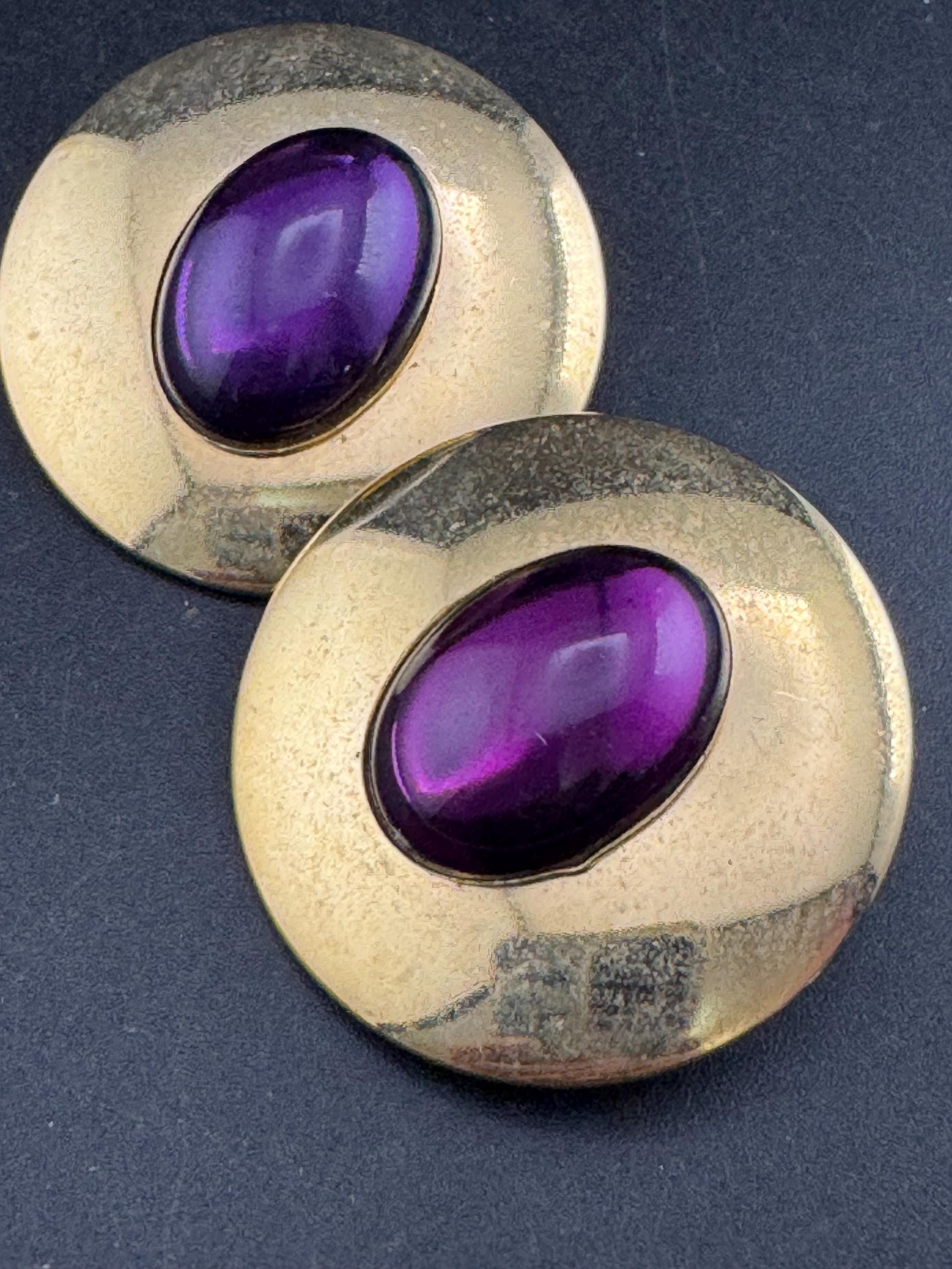 oversized Vintage 1980s gold metal purple cabochon large button stud earrings pierced