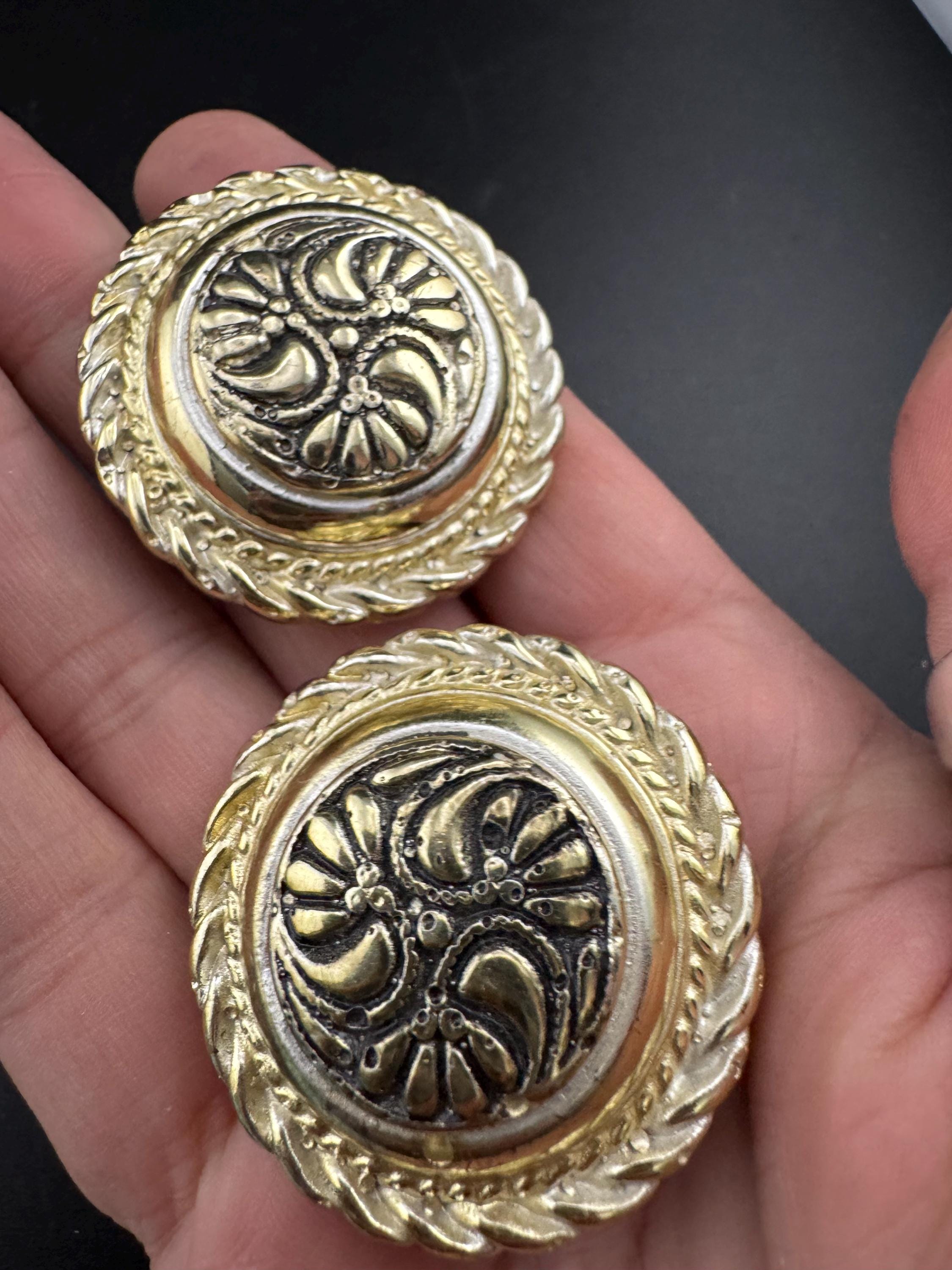 Oversized gold resin ornate domed Clip On Earrings: designer style unsigned studs