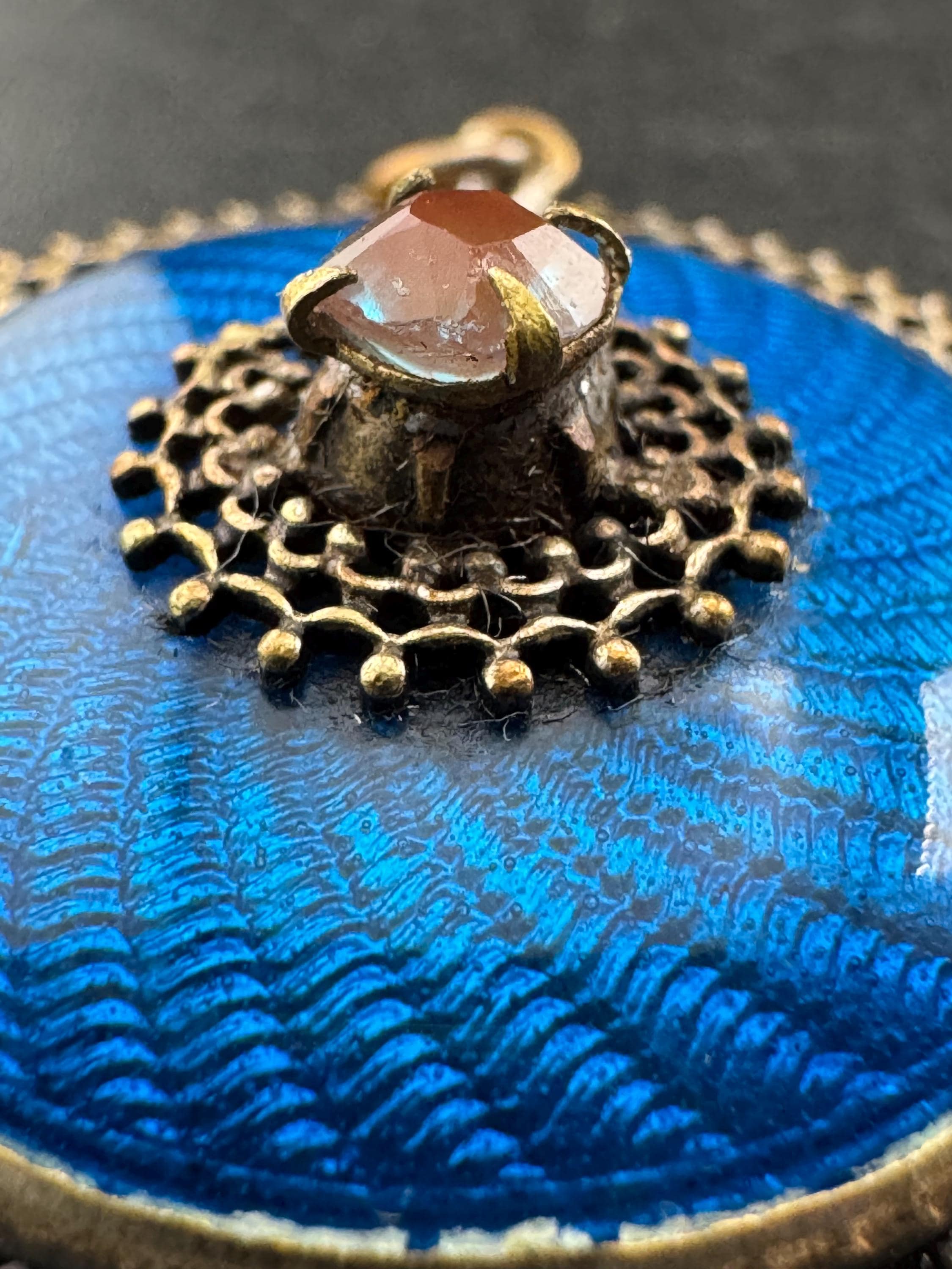 antique Edwardian blue guilloche enamel saphiret glass pendant