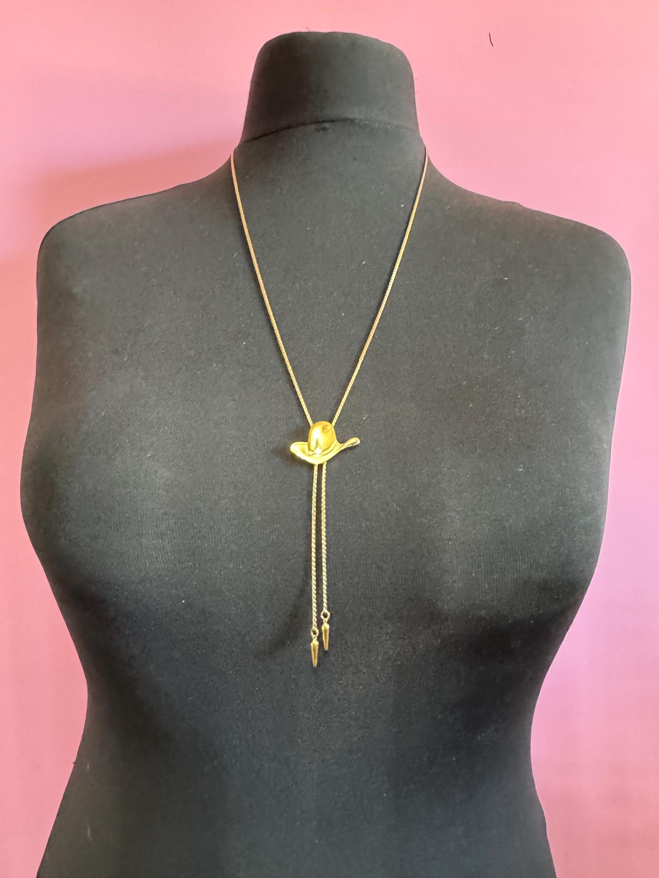 Signed D’orlan gold plated cowboy hat lariat drop bolo necklace