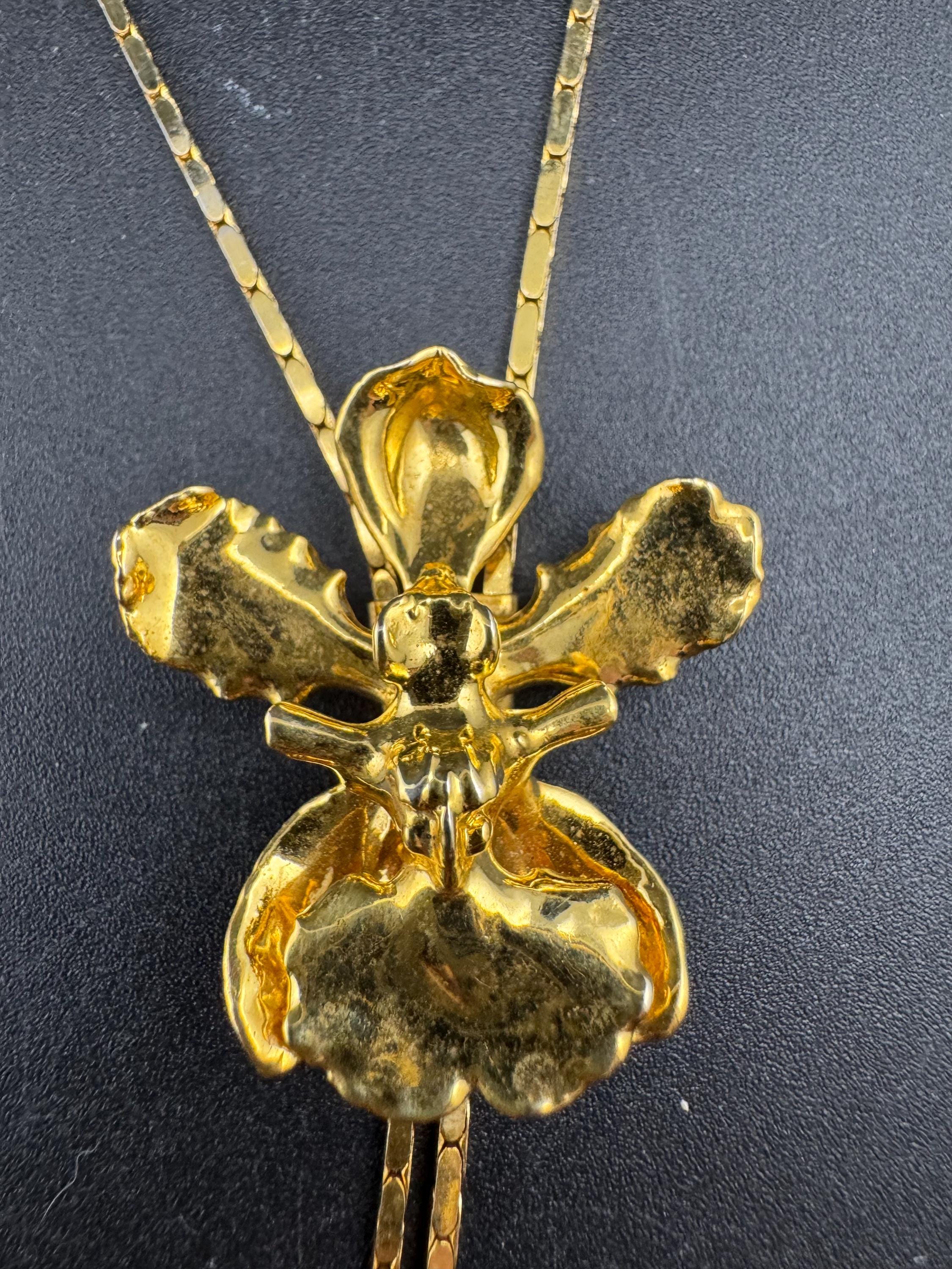Vintage gold plated orchid flower lariat drop bolo necklace