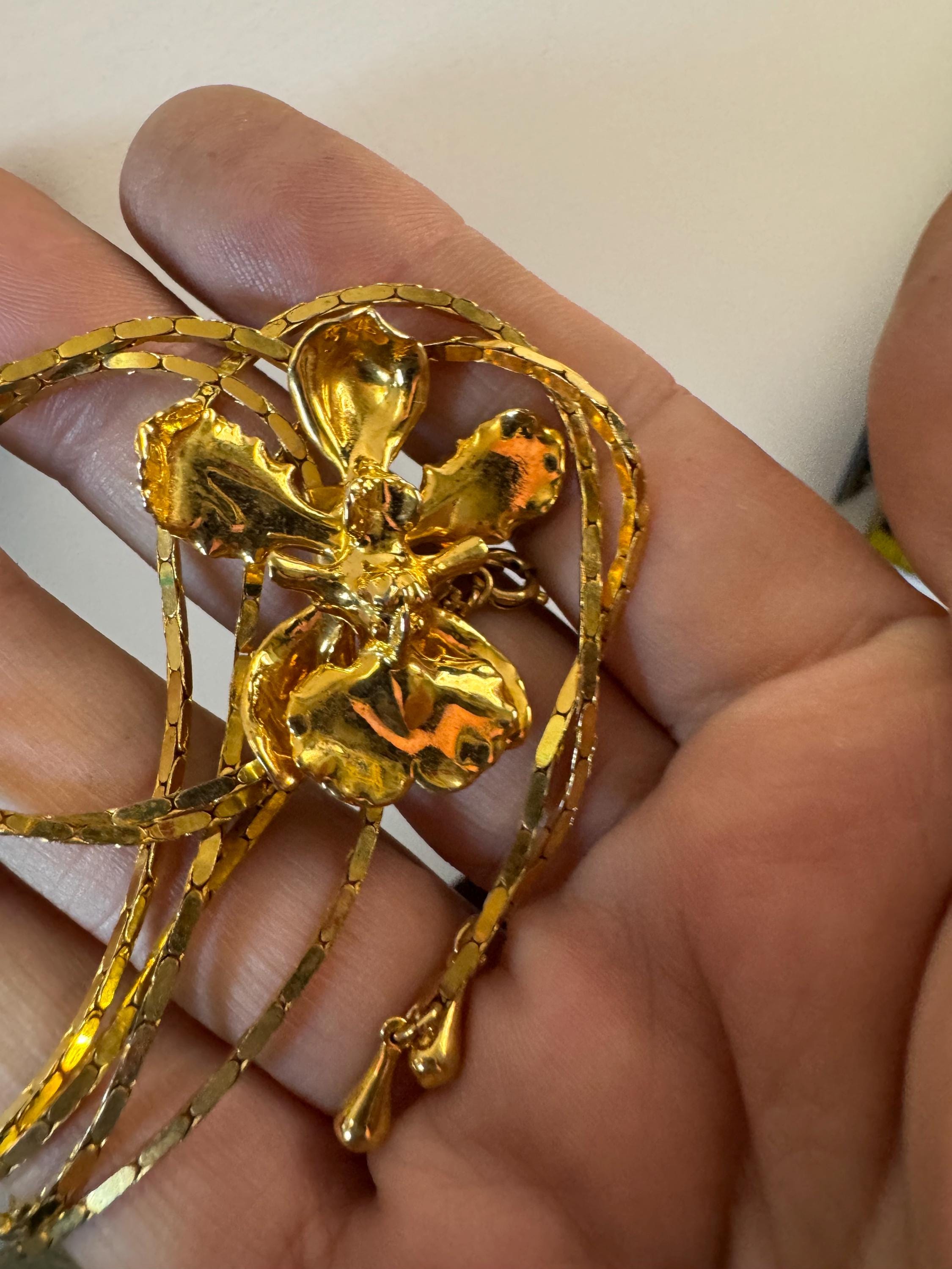Vintage gold plated orchid flower lariat drop bolo necklace
