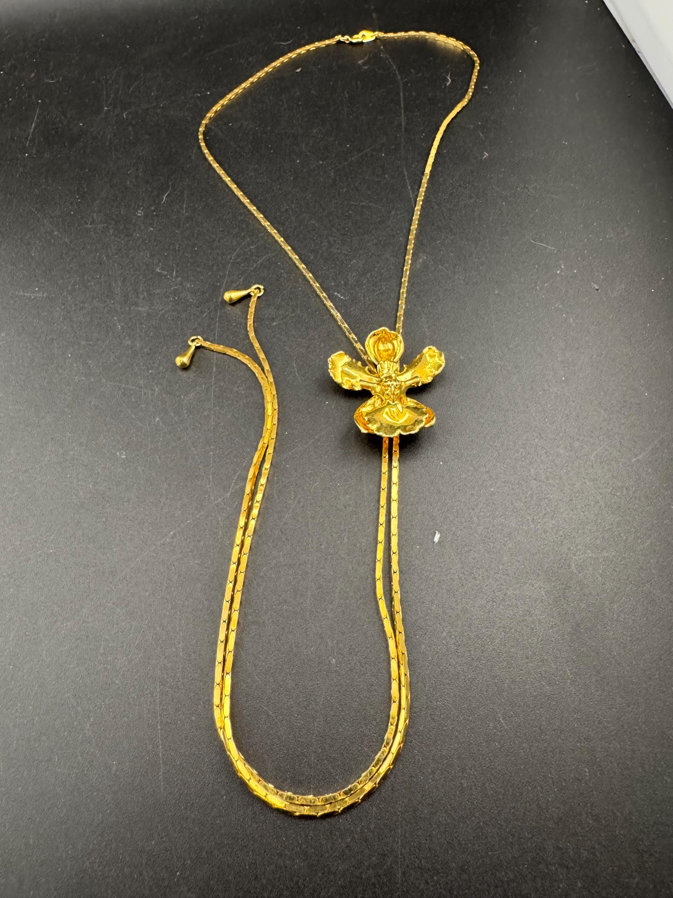 Vintage gold plated orchid flower lariat drop bolo necklace