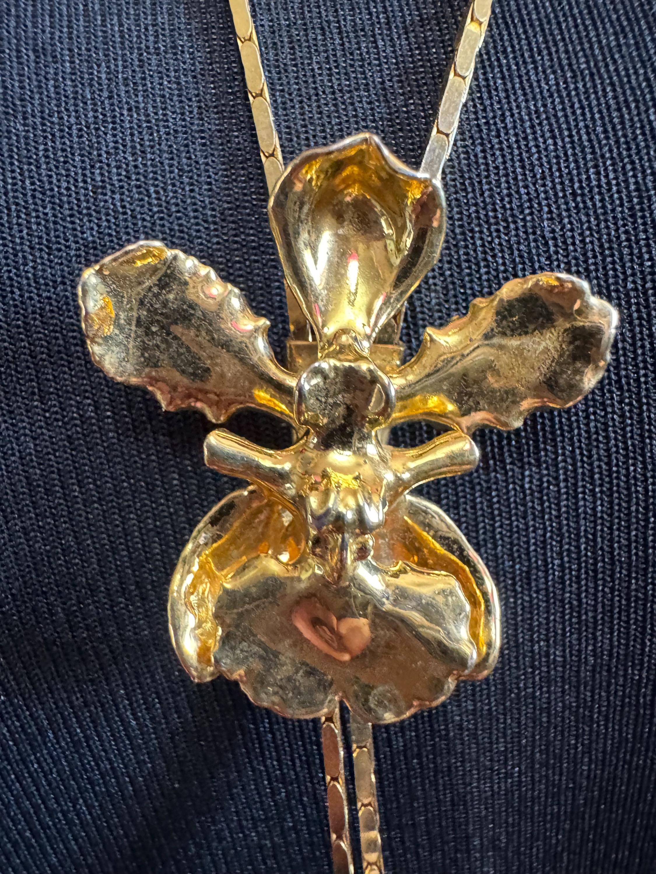 Vintage gold plated orchid flower lariat drop bolo necklace