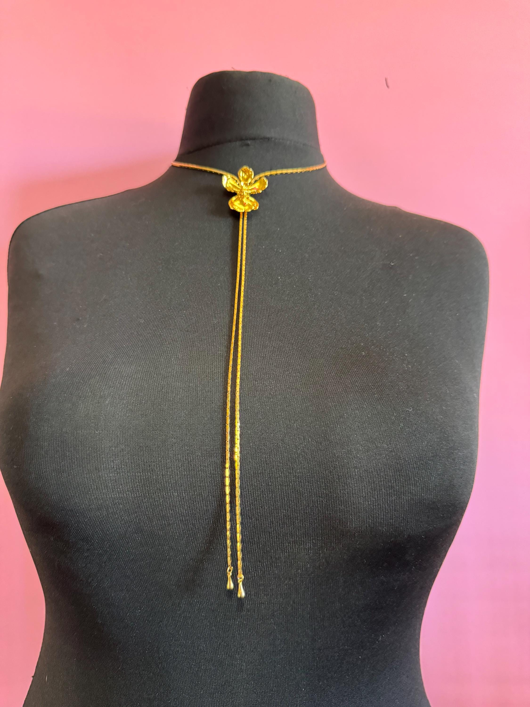 Vintage gold plated orchid flower lariat drop bolo necklace