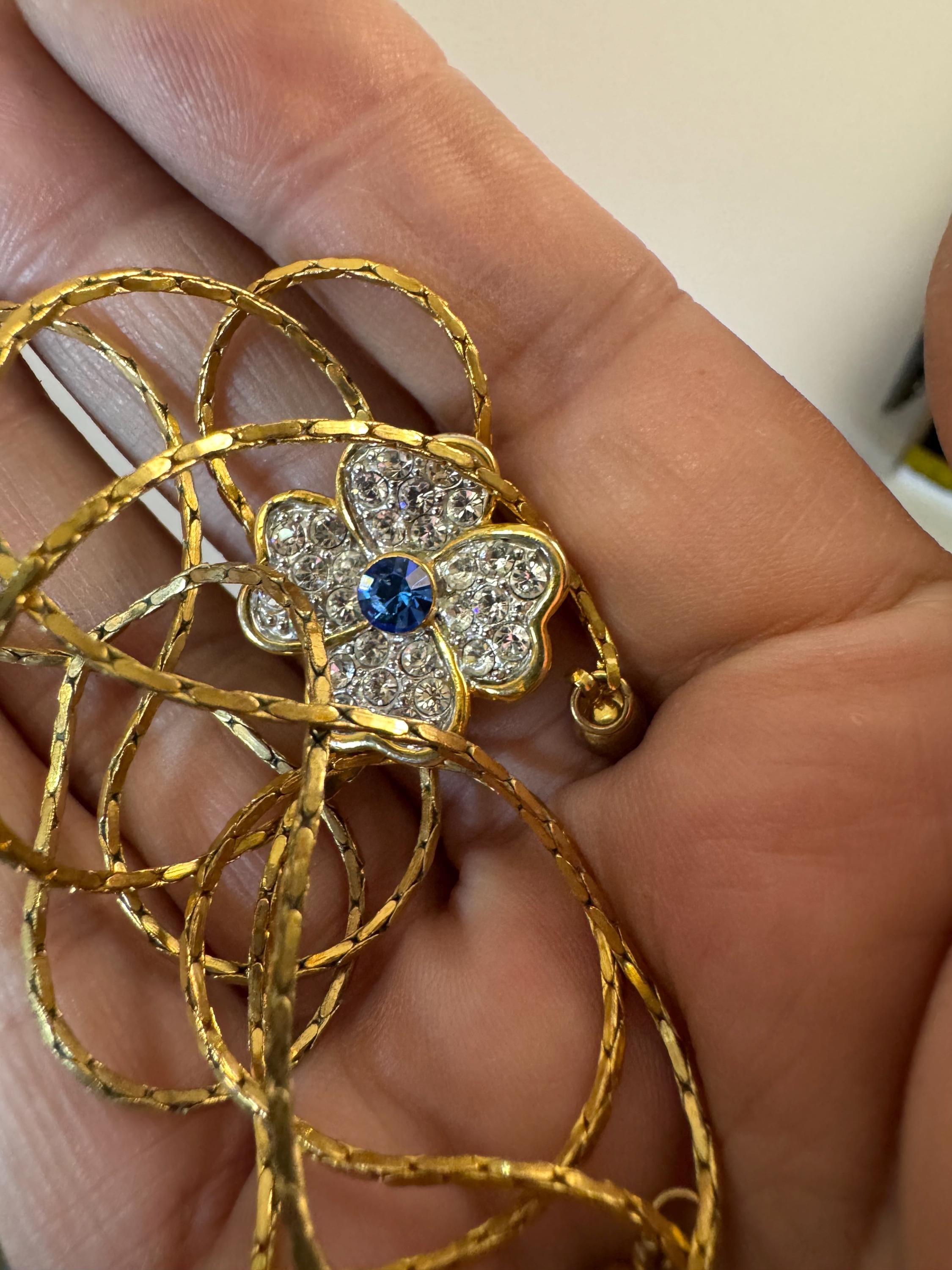 Vintage gold plated sapphire rhinestone flower lariat drop bolo necklace