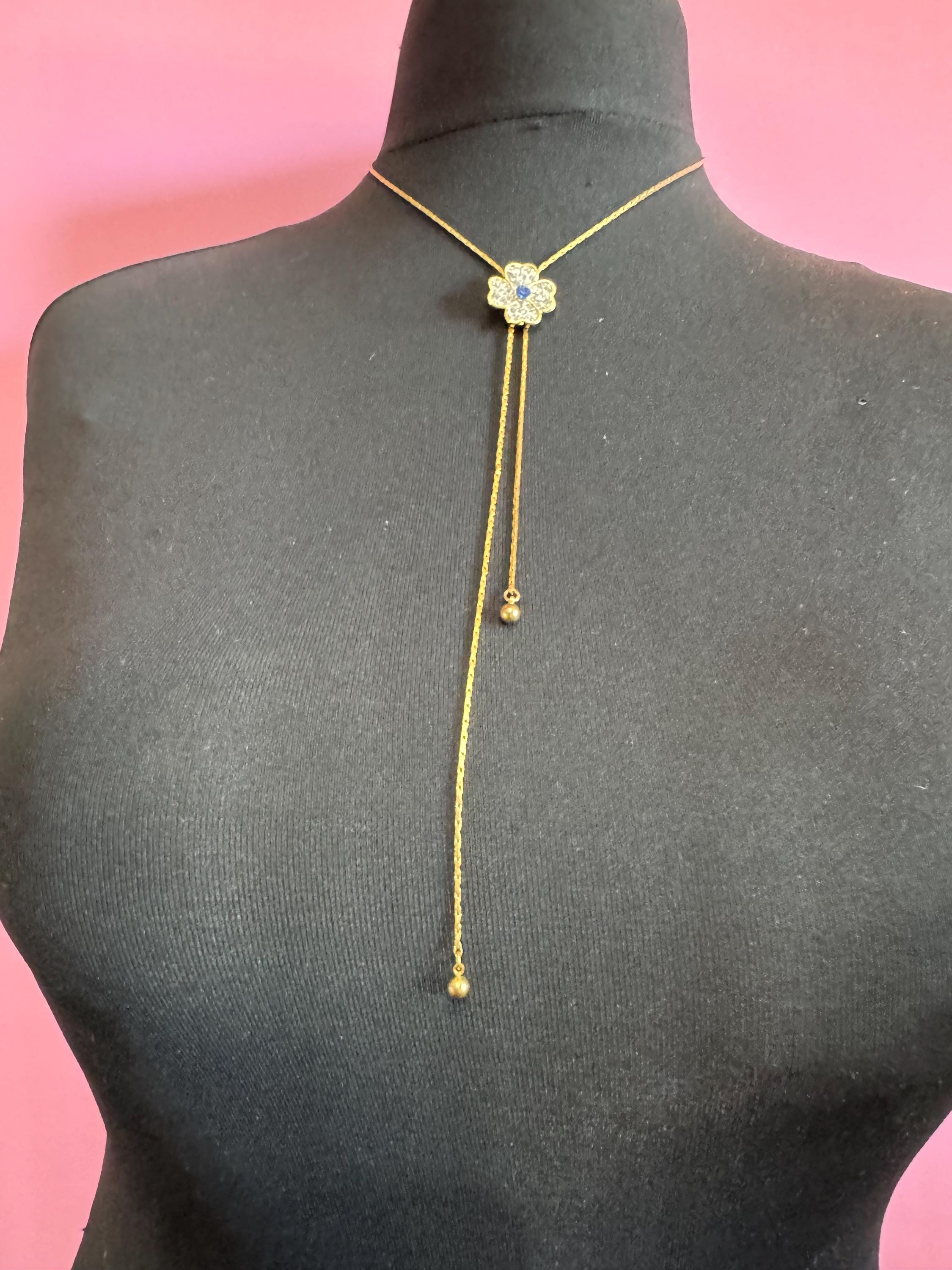 Vintage gold plated sapphire rhinestone flower lariat drop bolo necklace