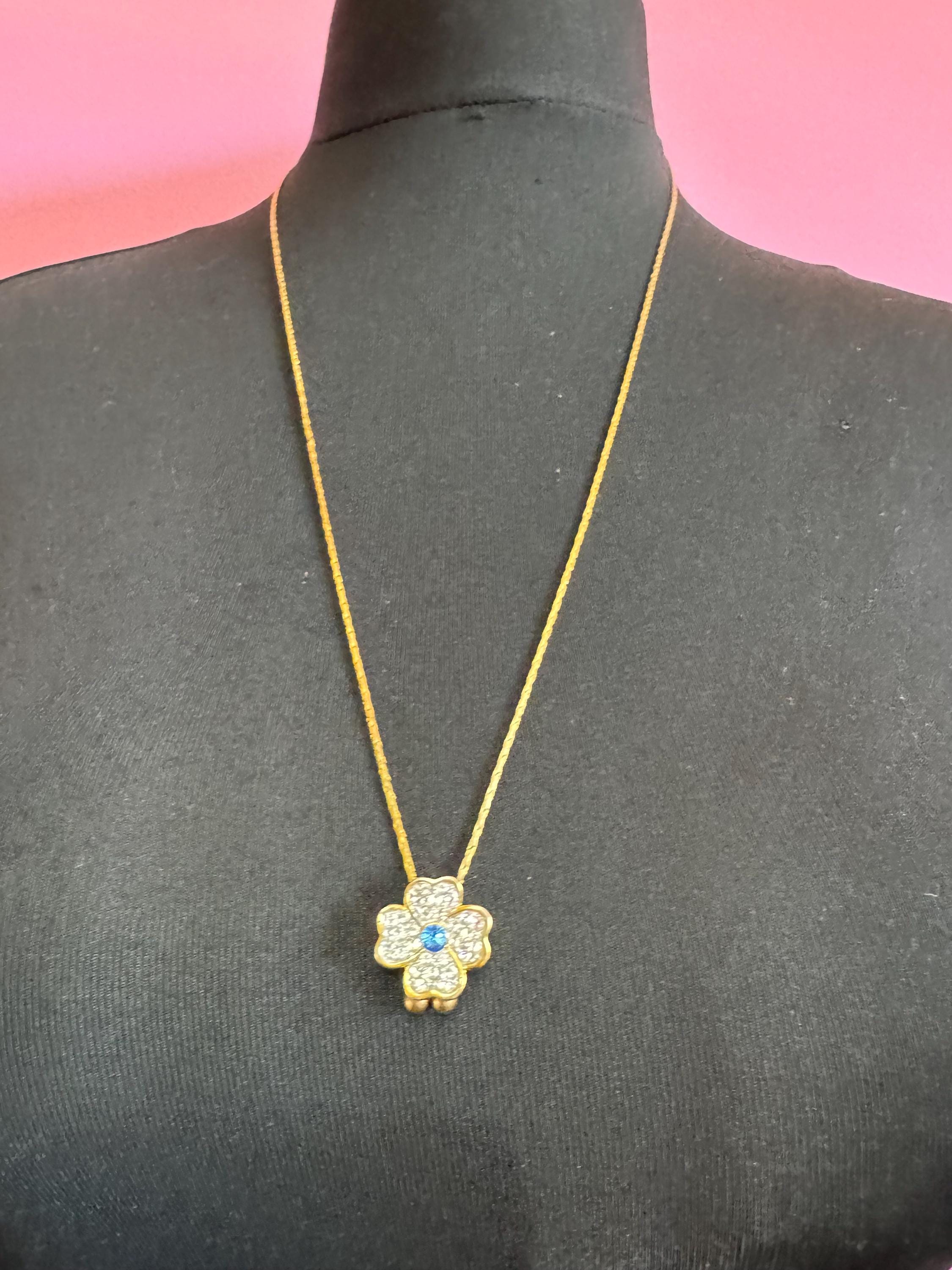 Vintage gold plated sapphire rhinestone flower lariat drop bolo necklace