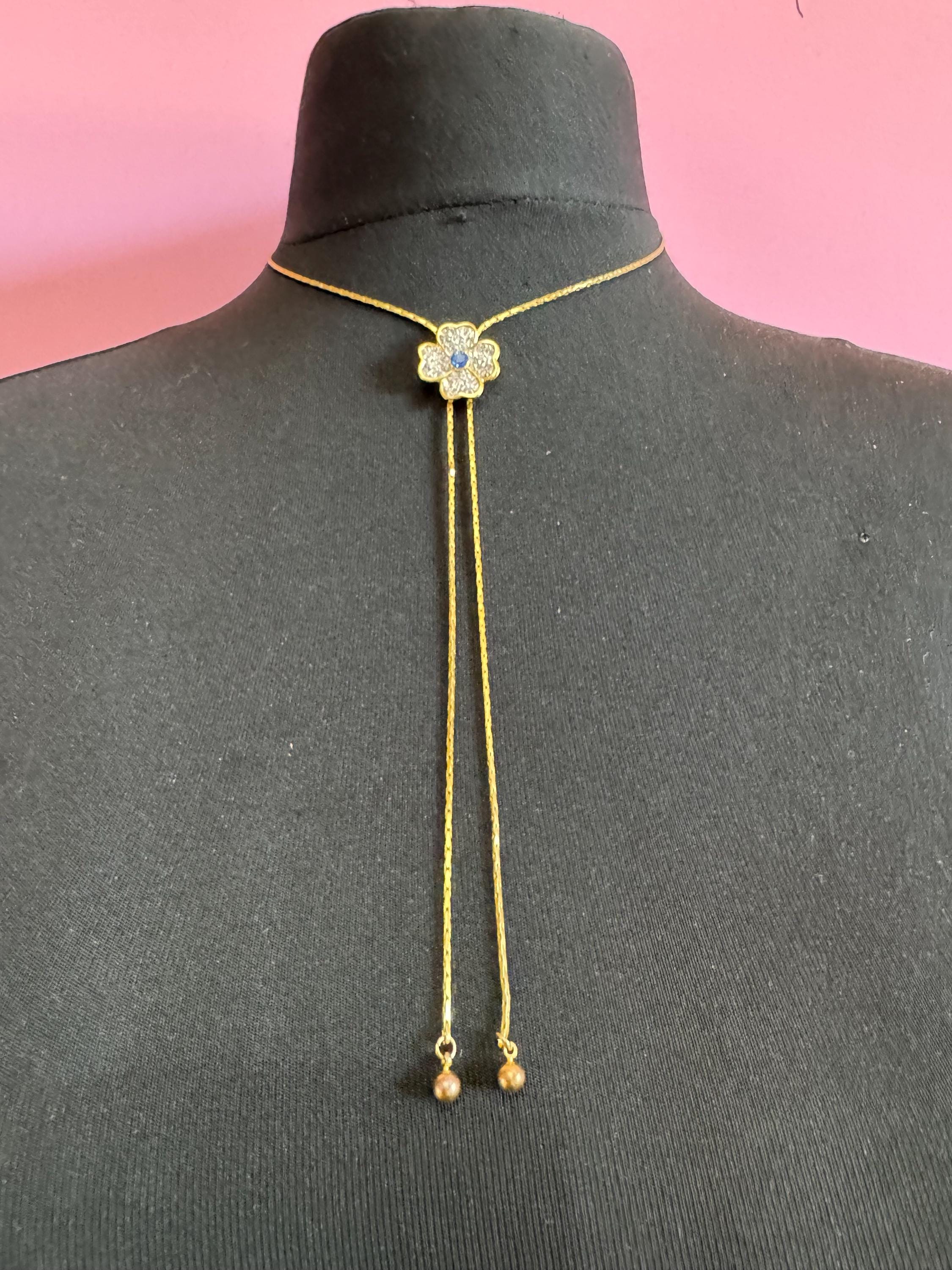 Vintage gold plated sapphire rhinestone flower lariat drop bolo necklace
