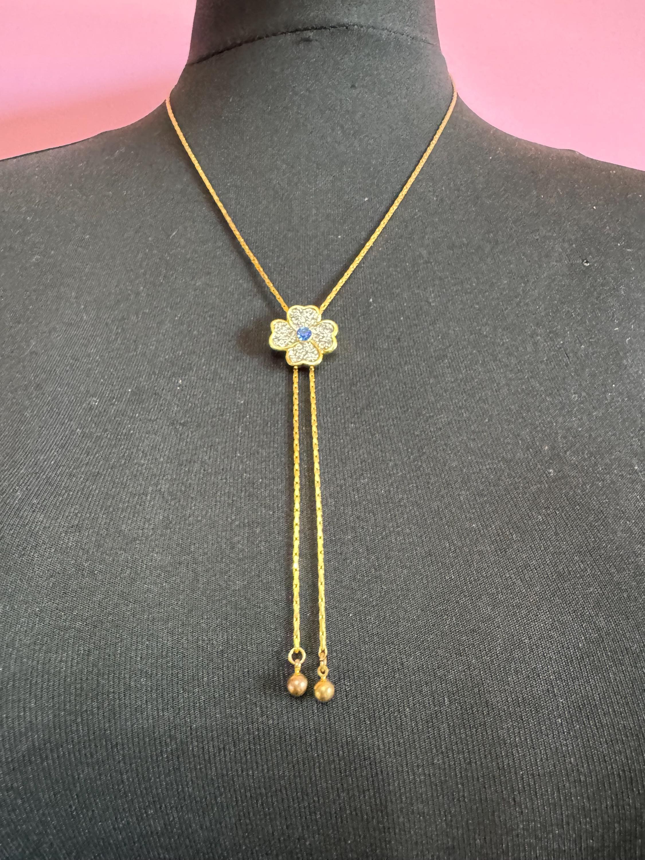 Vintage gold plated sapphire rhinestone flower lariat drop bolo necklace