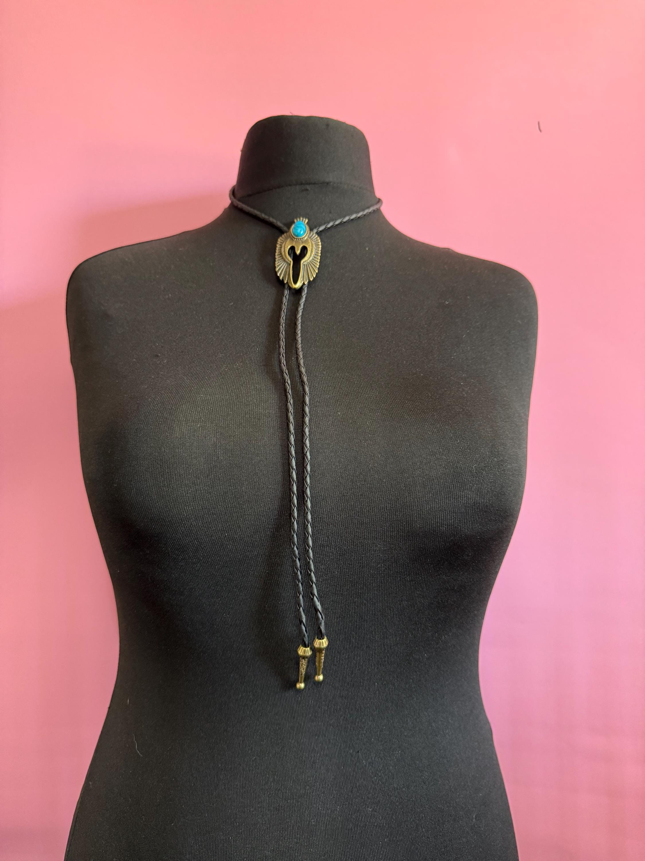 Retro gold tone south western style bolo necklace with turquoise stone on a  leather cord