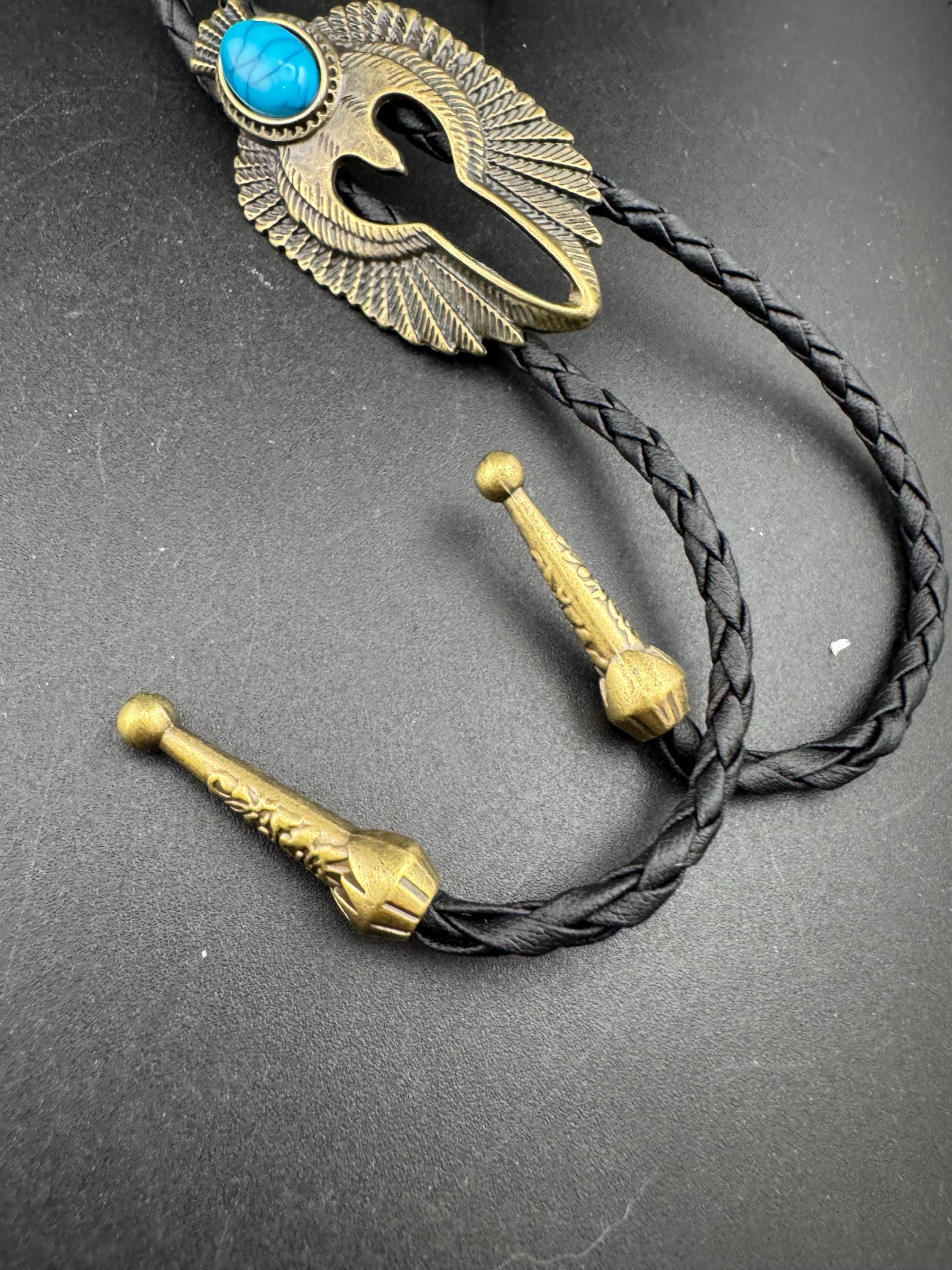 Retro gold tone south western style bolo necklace with turquoise stone on a  leather cord