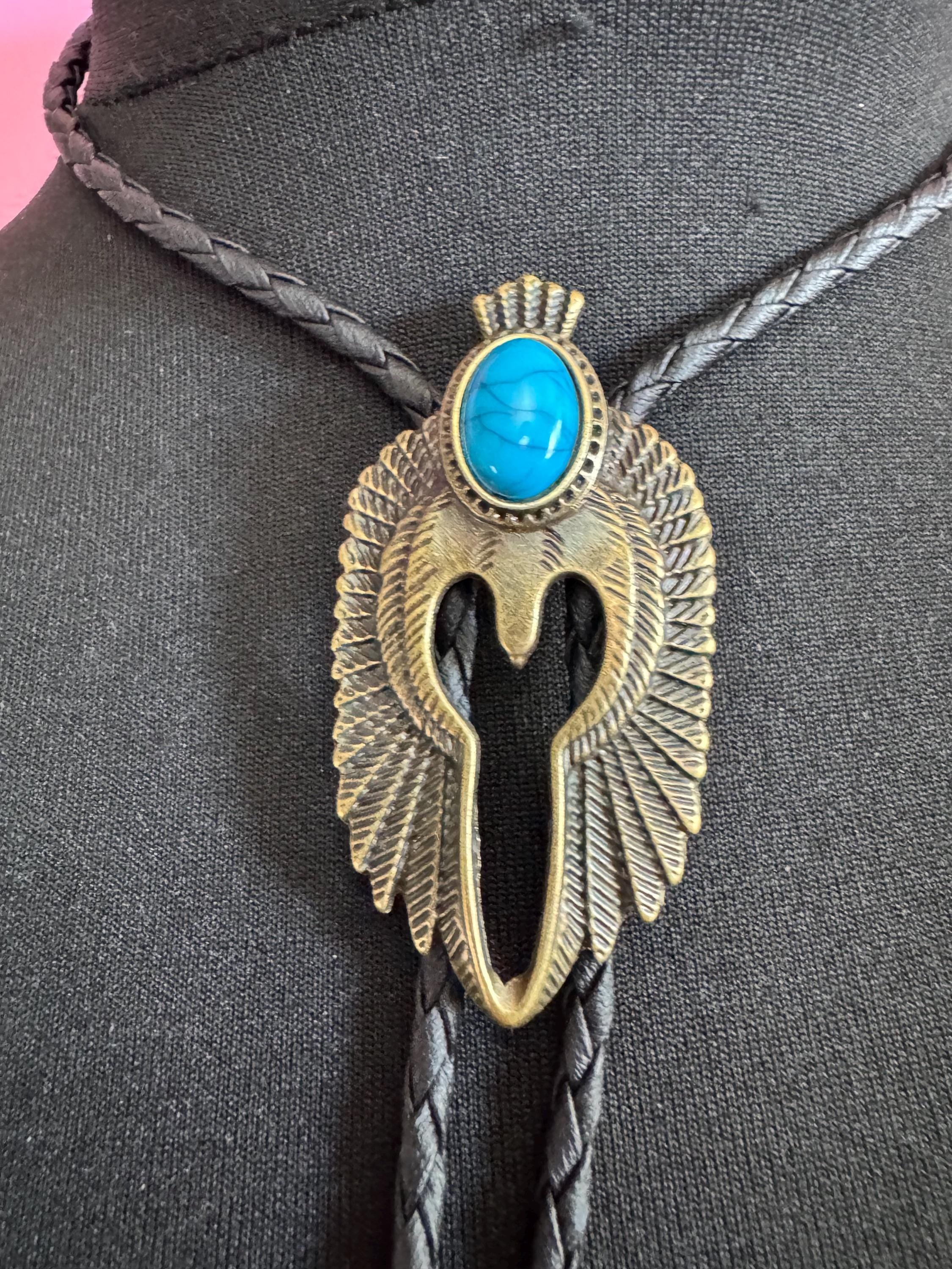 Retro gold tone south western style bolo necklace with turquoise stone on a  leather cord