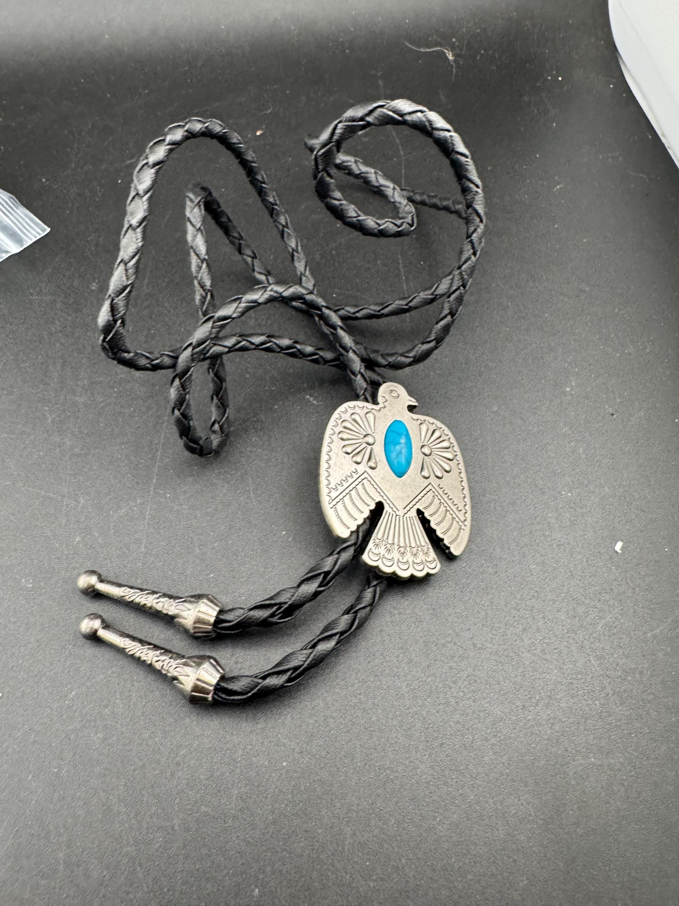 Retro Southwestern Bird Bolo Necklace: Turquoise Stone, Silver Tone