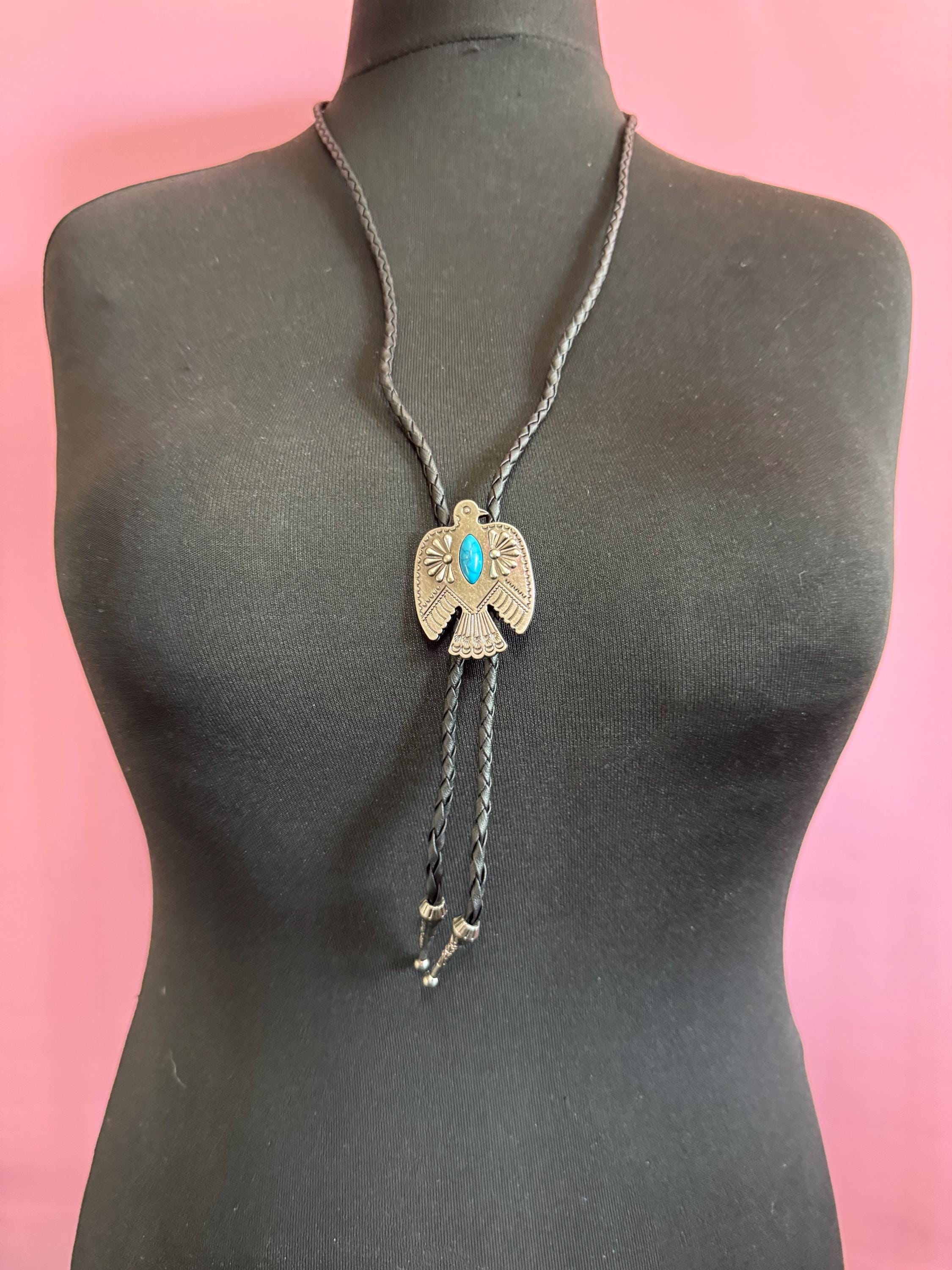Retro Southwestern Bird Bolo Necklace: Turquoise Stone, Silver Tone