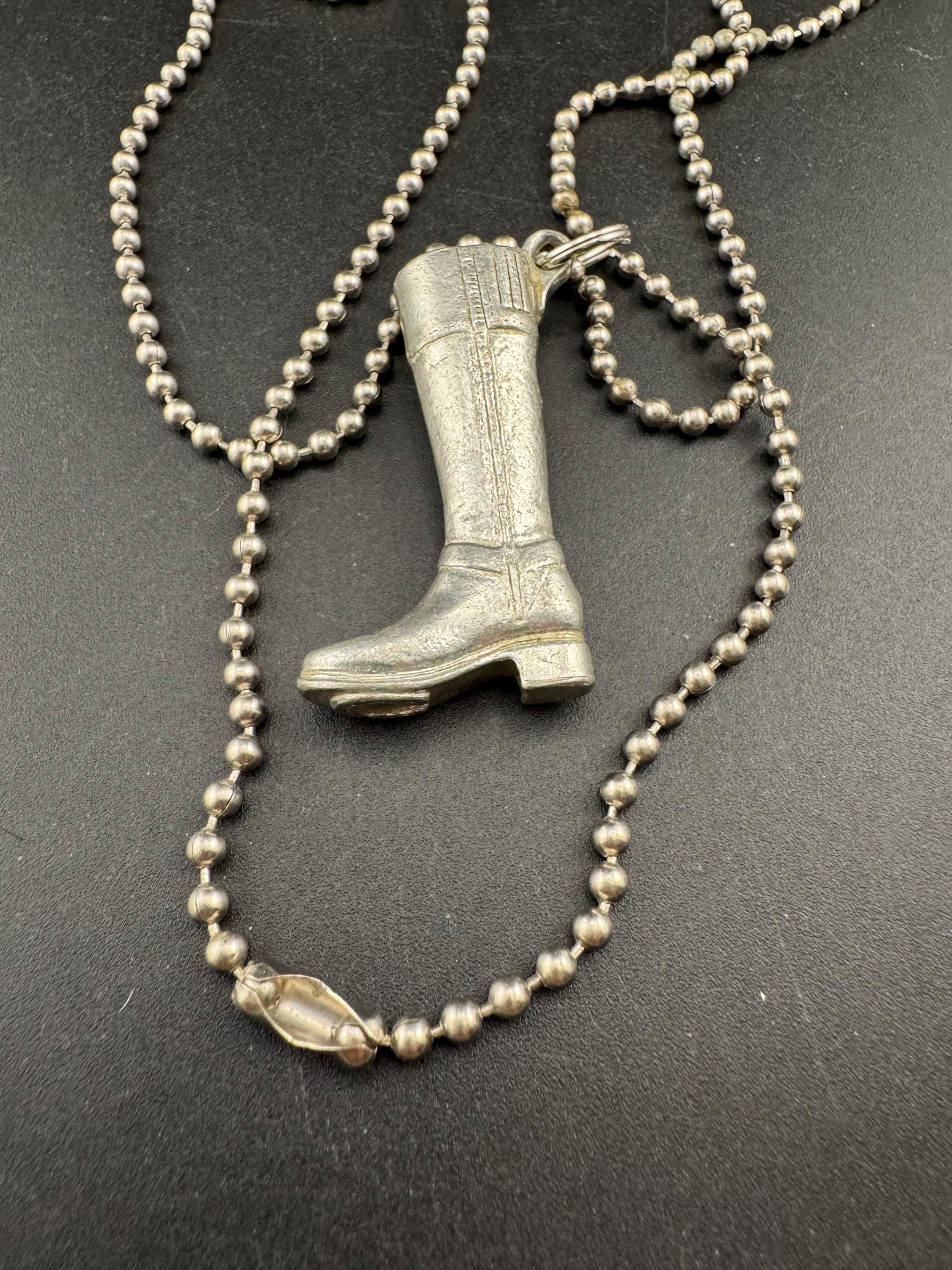 vintage silver riding boot weighty pendant on a 80cm metal ball bead long chain
