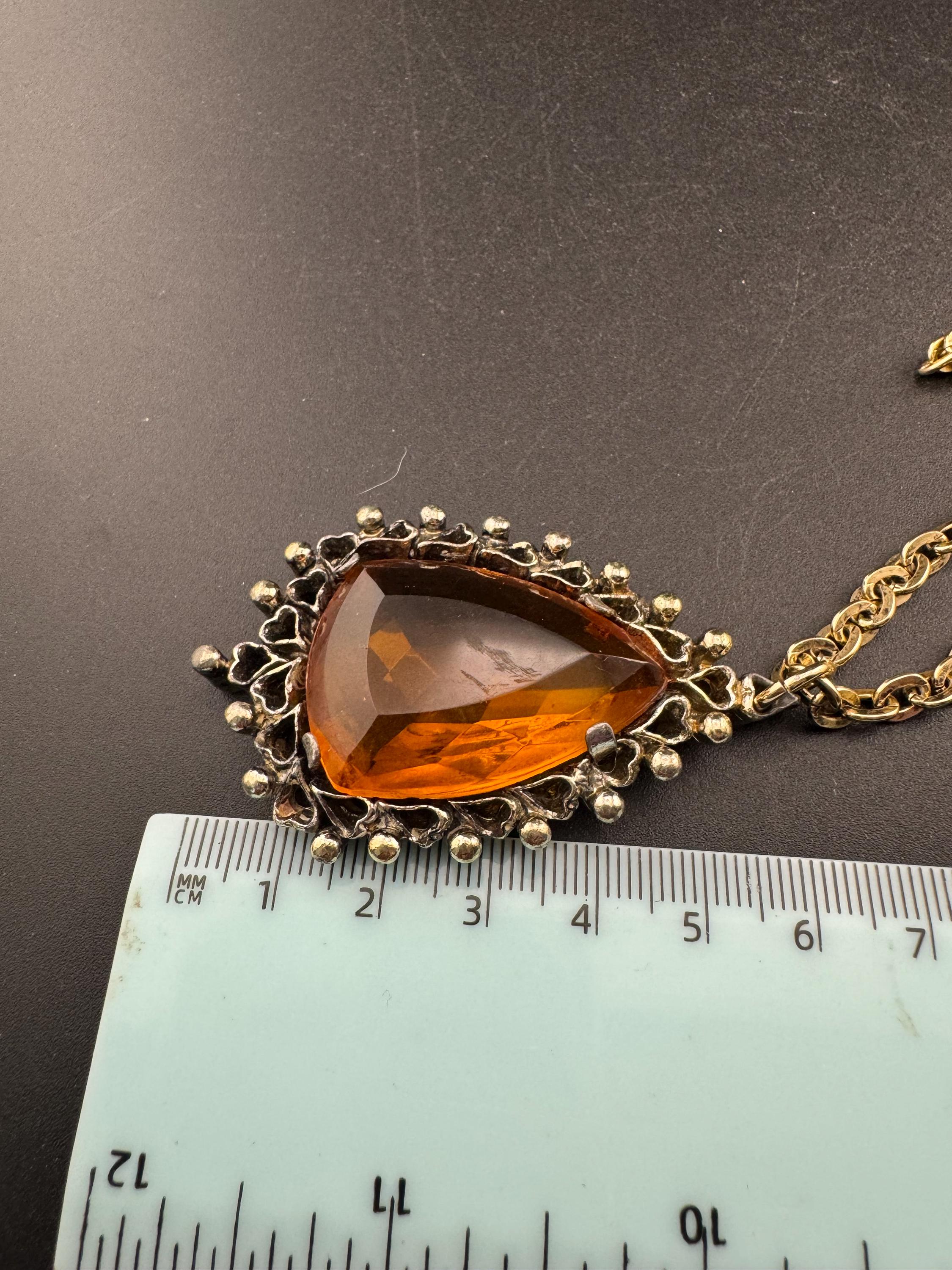 Vintage gold tone orange amber faceted Glass teardrop pendant necklace on 72cm chain