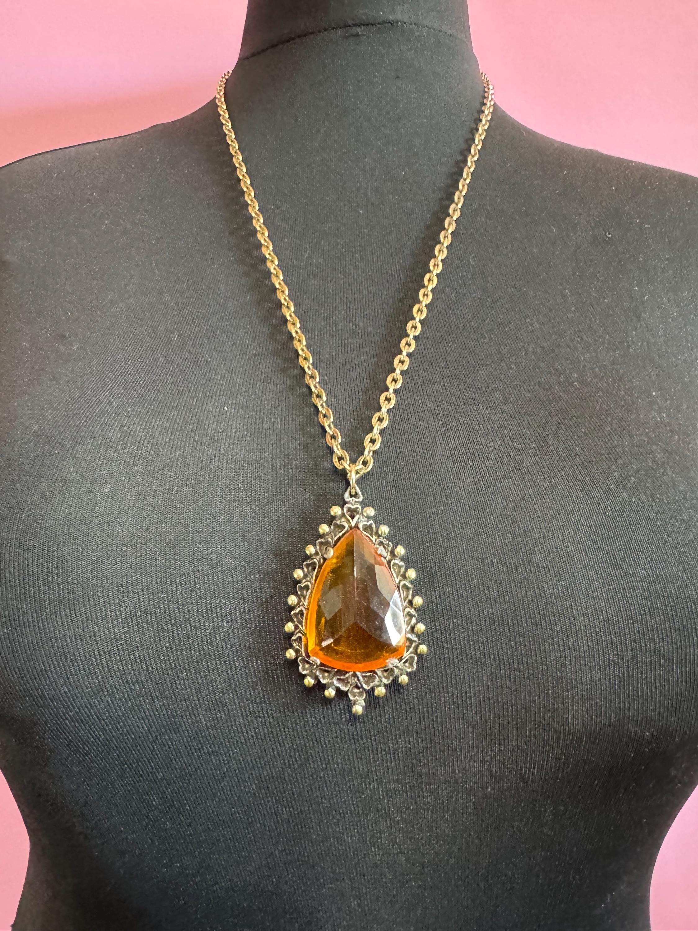 Vintage gold tone orange amber faceted Glass teardrop pendant necklace on 70cm chain