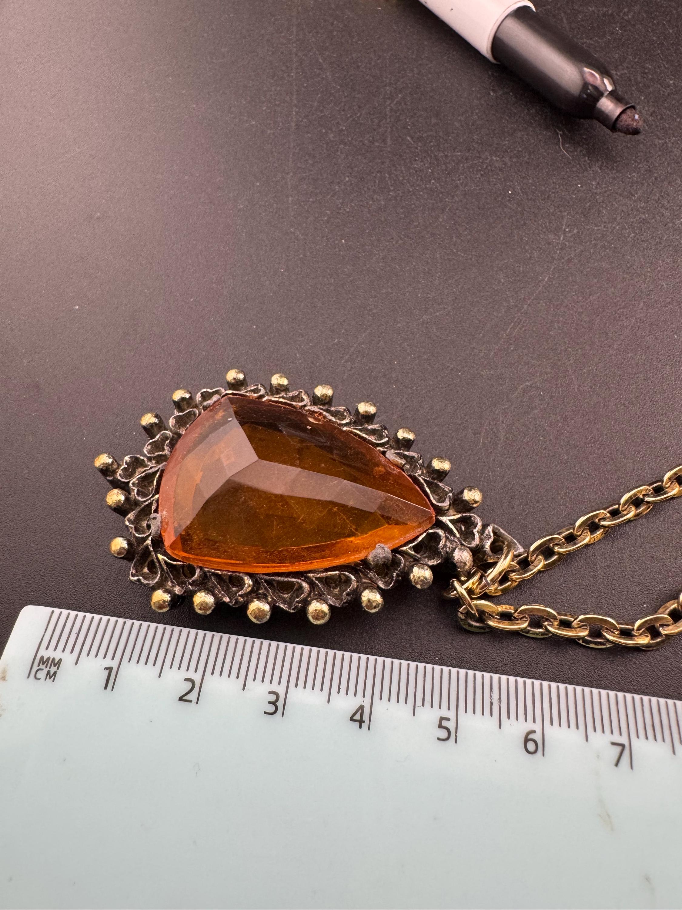 Vintage gold tone orange amber faceted Glass teardrop pendant necklace on 70cm chain