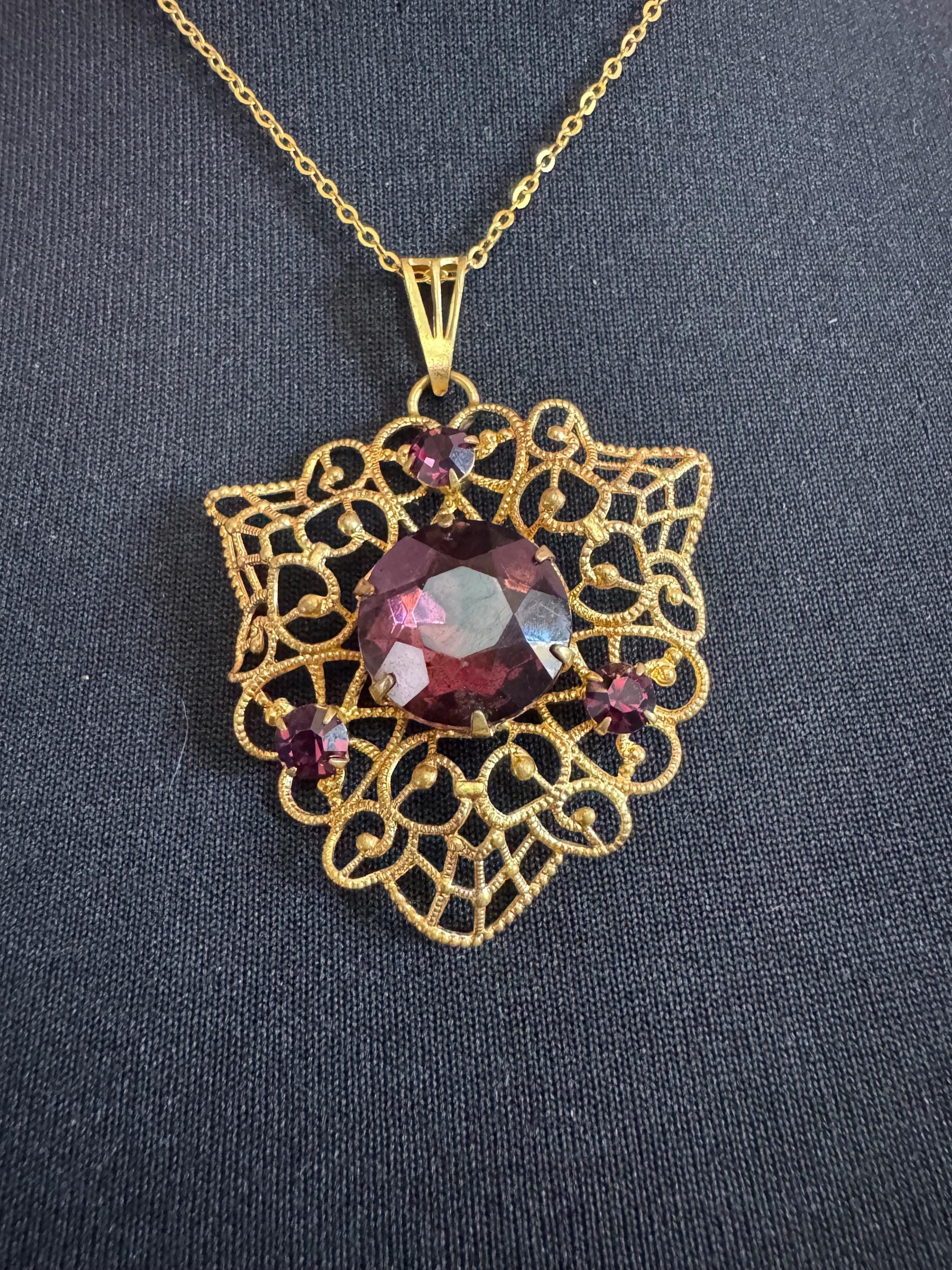 Vintage Purple amethyst Glass gold tone filigree pendant 1970s brutalist modernist