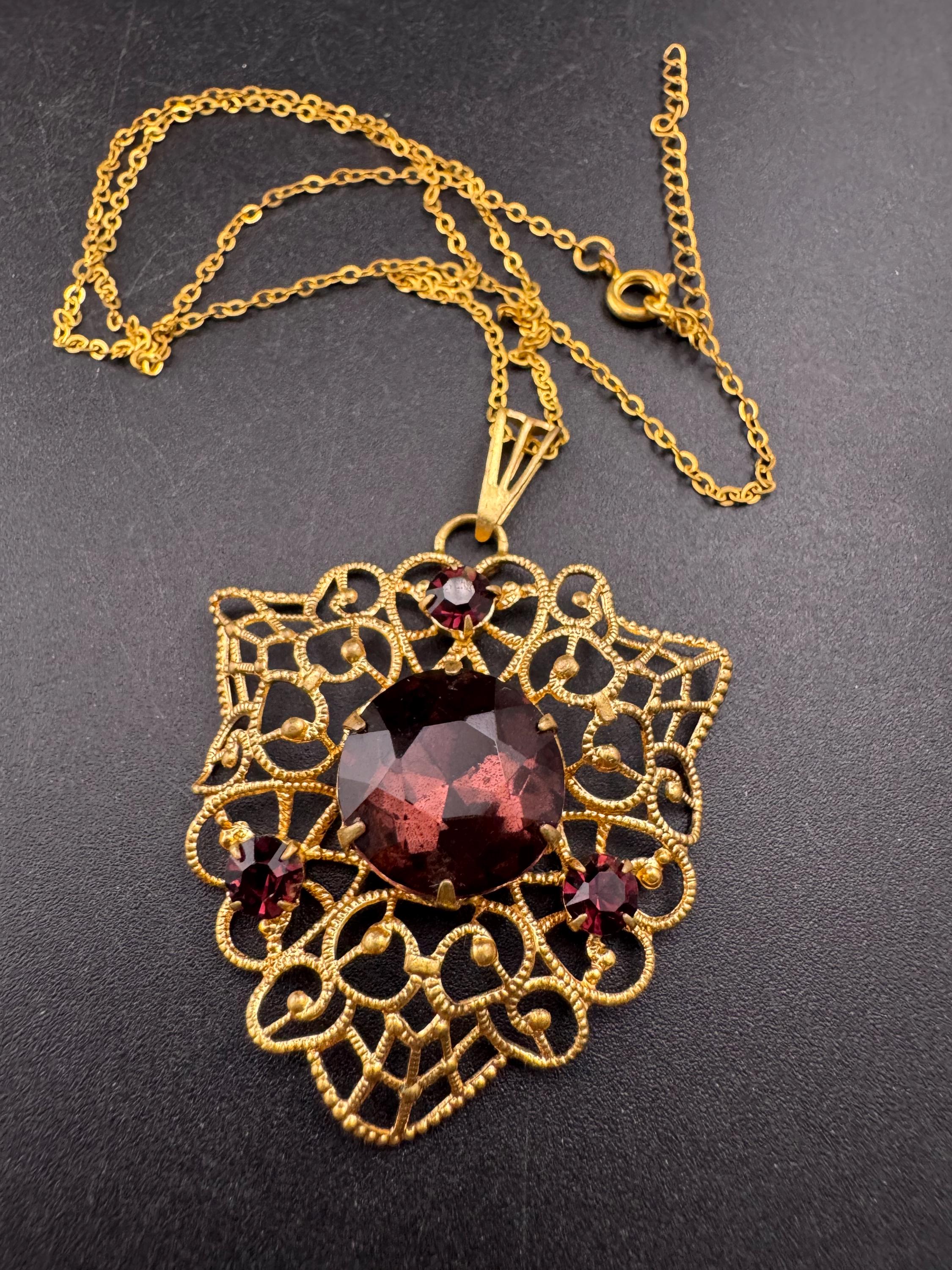 Vintage Purple amethyst Glass gold tone filigree pendant 1970s brutalist modernist