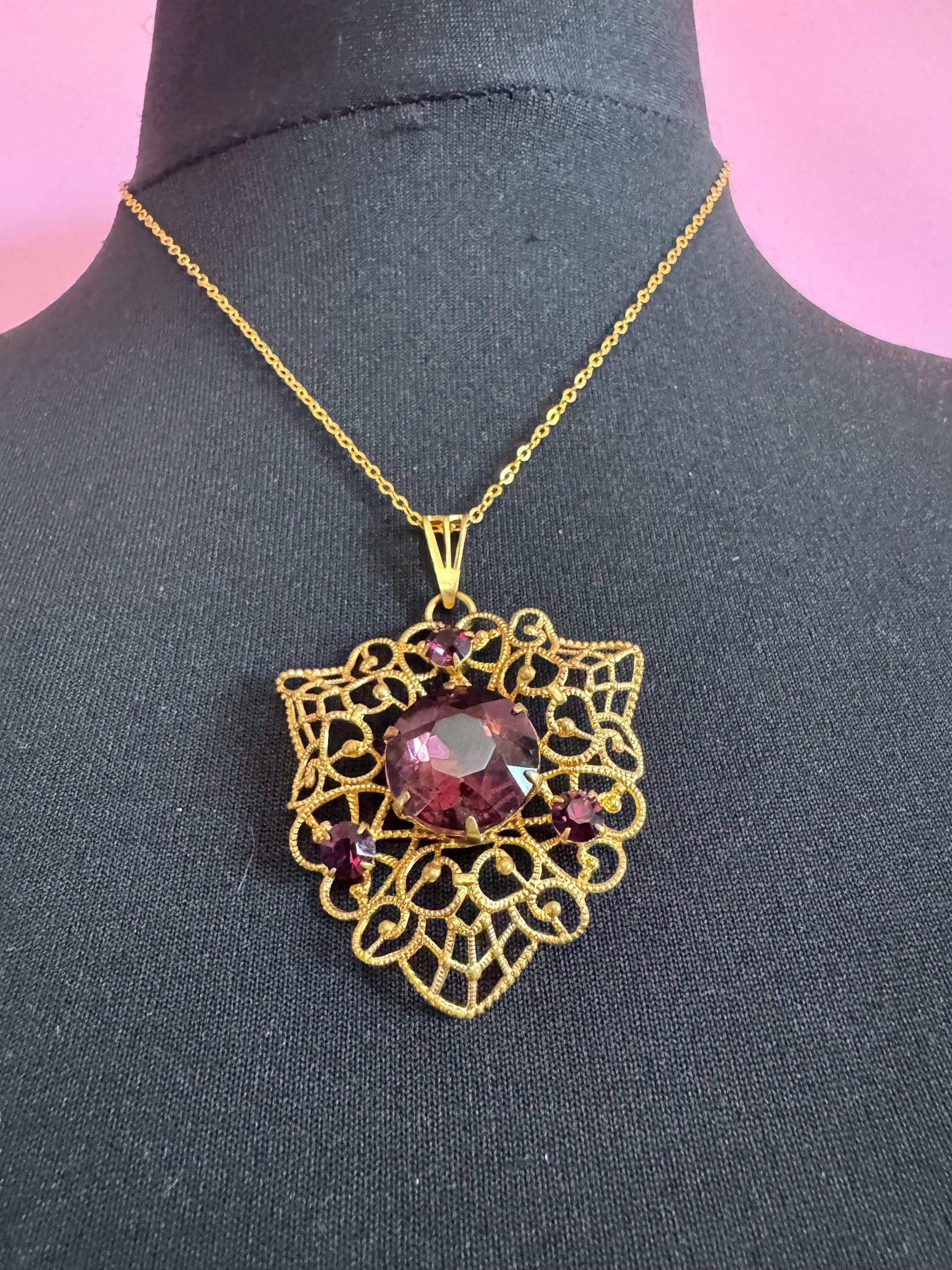 Vintage Purple amethyst Glass gold tone filigree pendant 1970s brutalist modernist