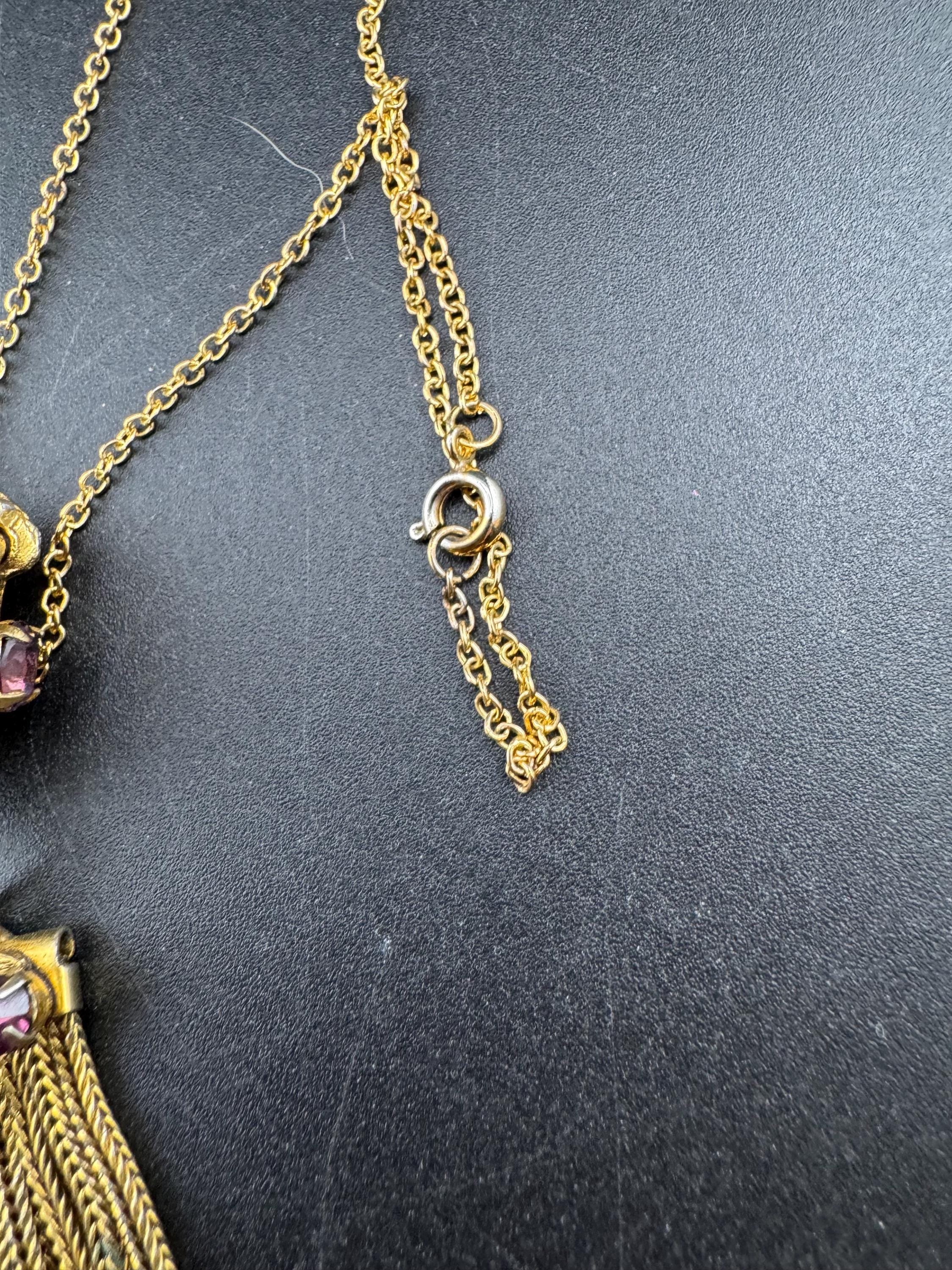 Vintage Gold Tone ornate amethyst tassel Pendant Necklace, Purple rhinestones