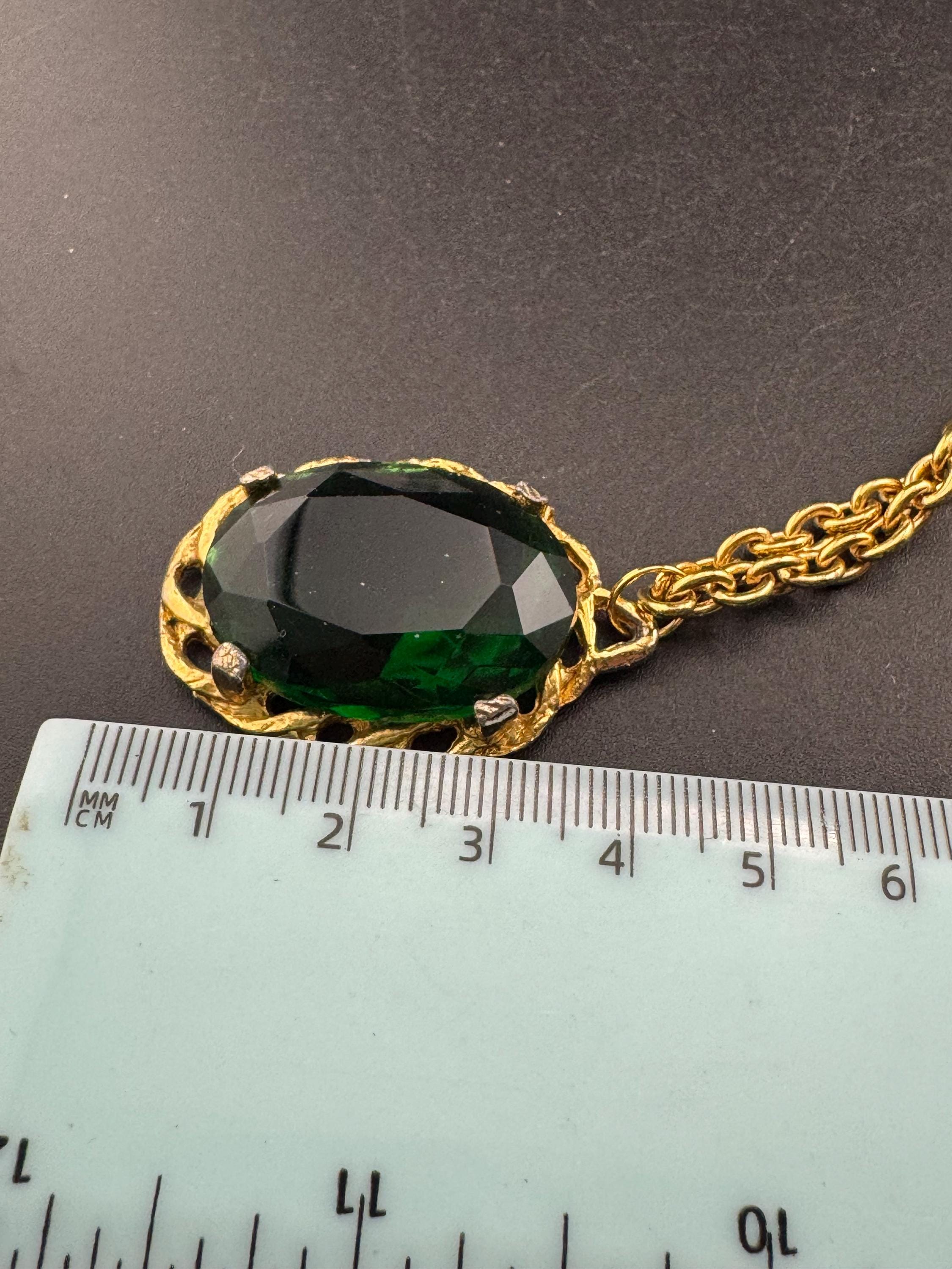 Emerald green oval glass pendant necklace mid century Vintage Modernist gold tone metal