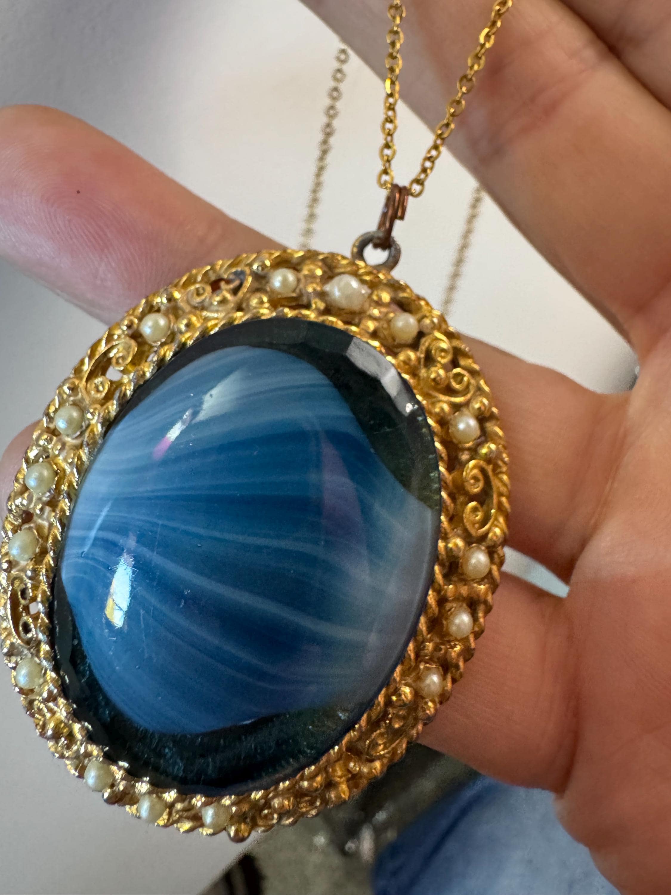 Vintage oversized blue marbled givre glass seed pearl pendant necklace