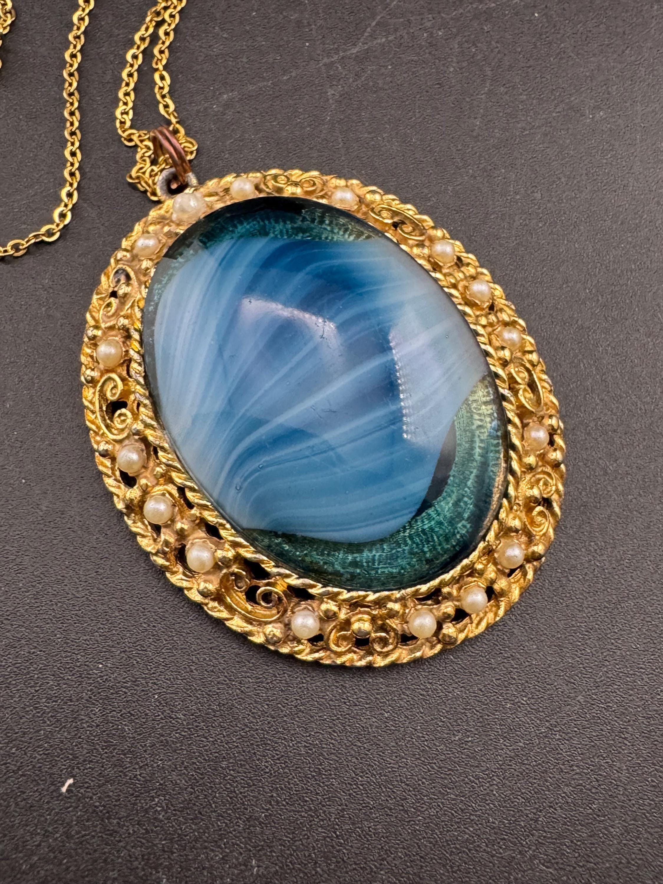 Vintage oversized blue marbled givre glass seed pearl pendant necklace