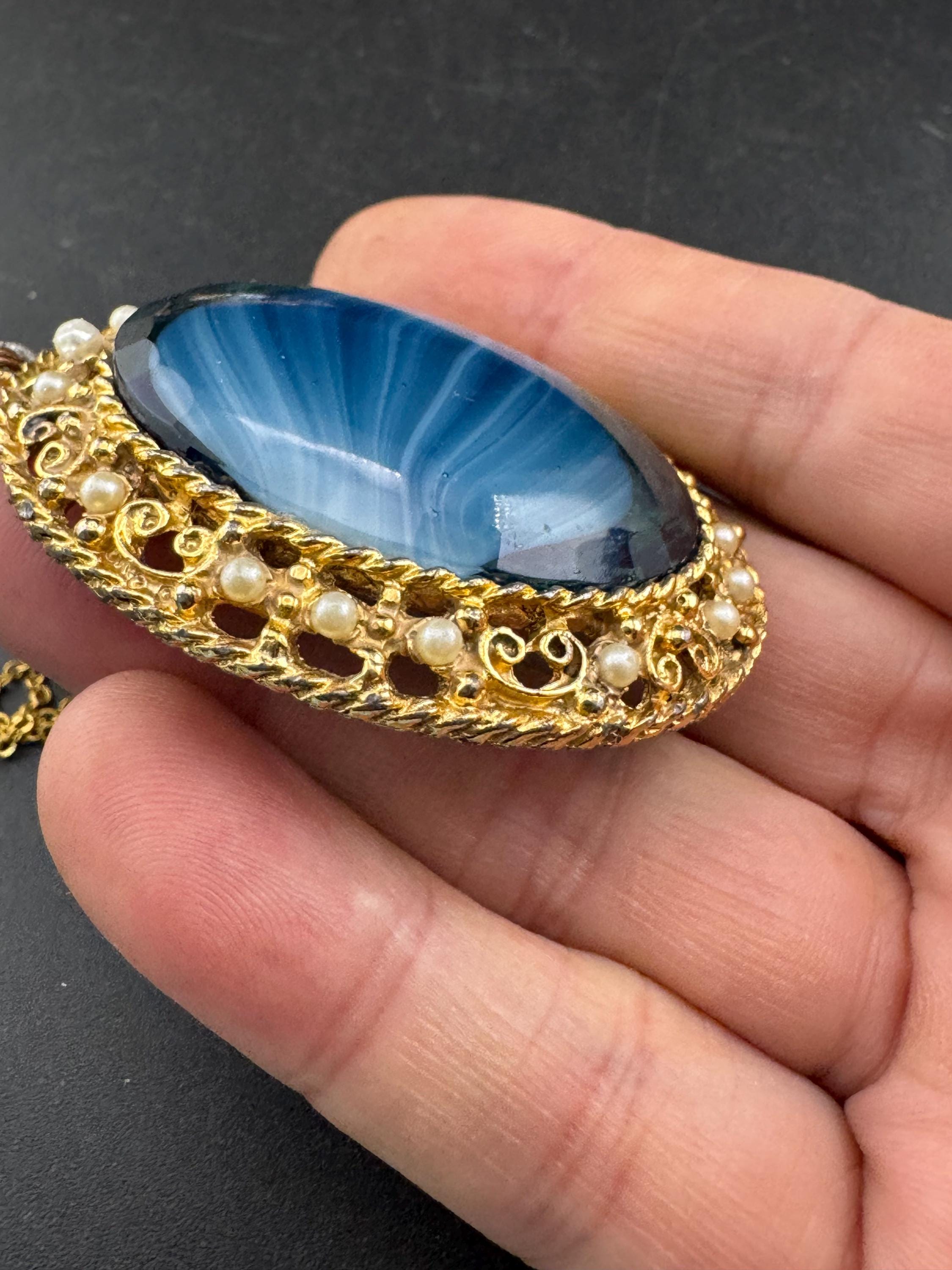 Vintage oversized blue marbled givre glass seed pearl pendant necklace