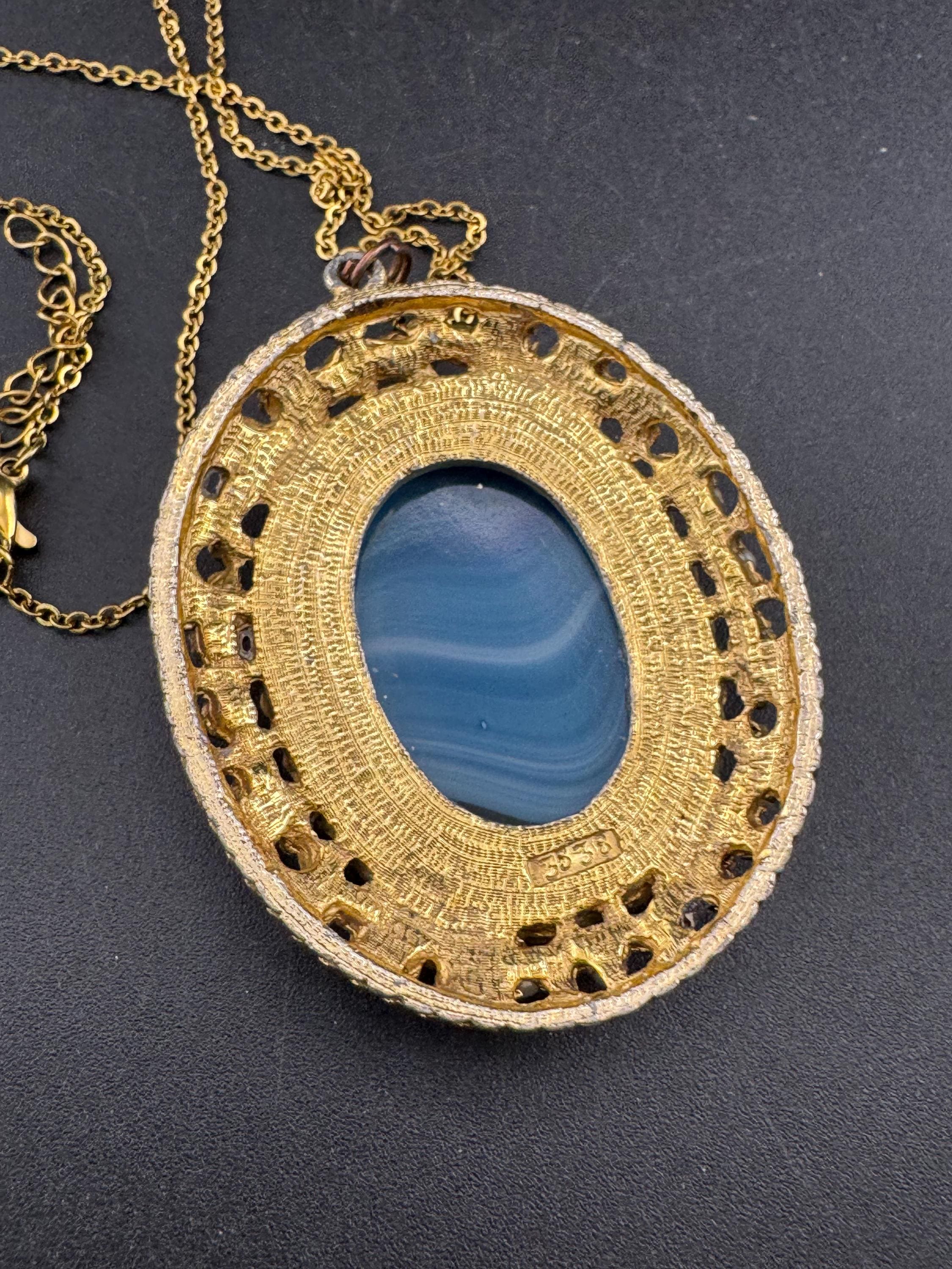 Vintage oversized blue marbled givre glass seed pearl pendant necklace