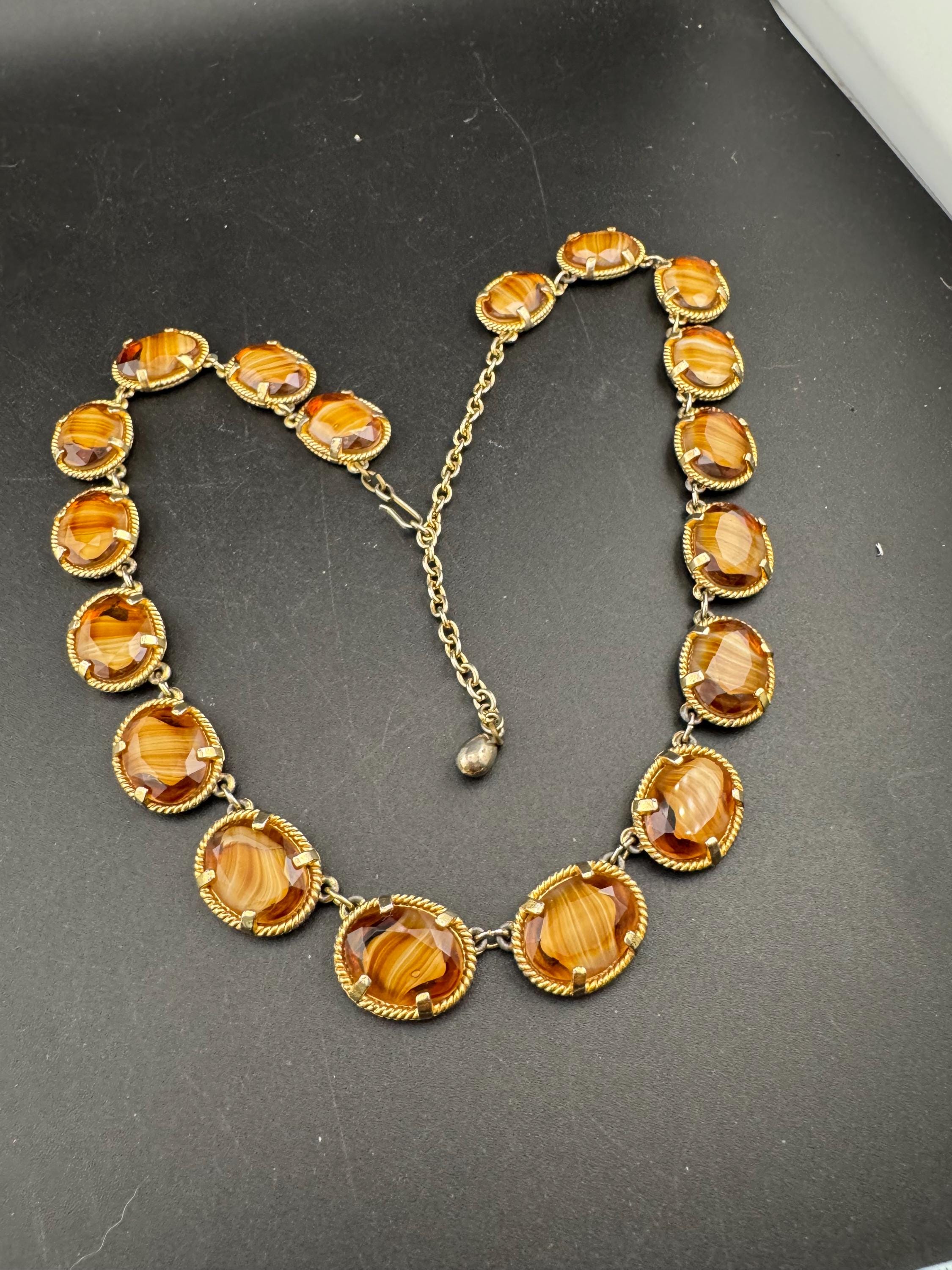 Vintage warm brown marbled givre glass cabochon panel link necklace mid century