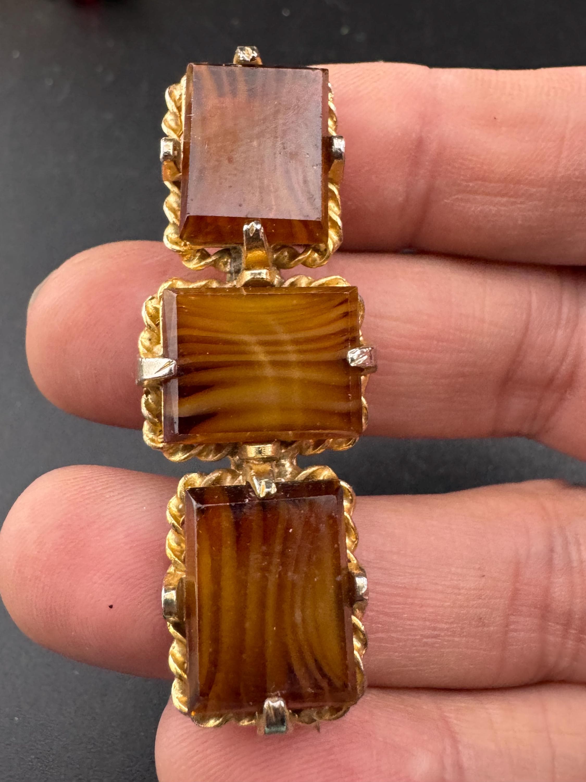 Vintage geometric triple panel  Brooch: Faux Agate Givre Glass, 1960s