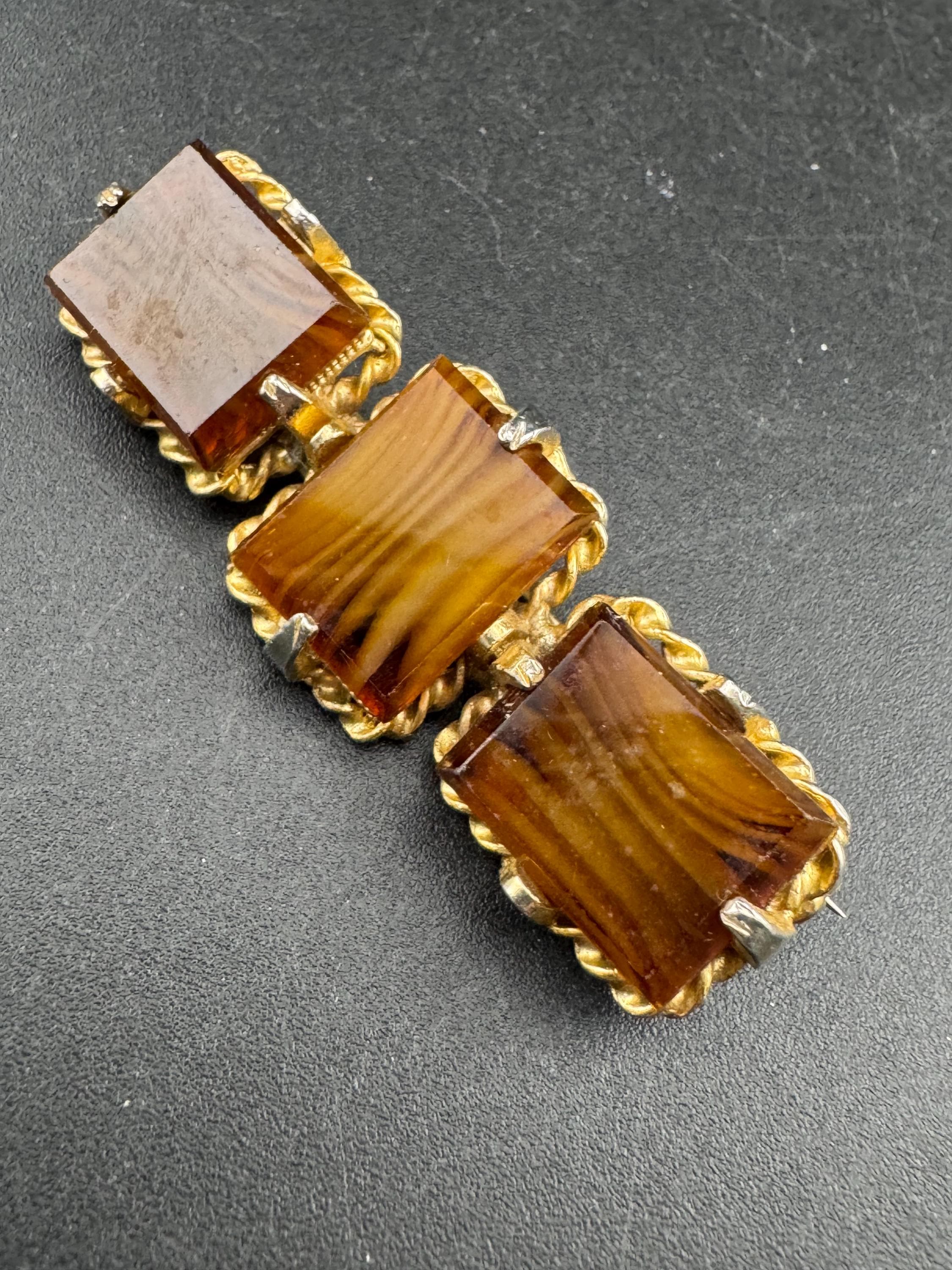 Vintage geometric triple panel  Brooch: Faux Agate Givre Glass, 1960s