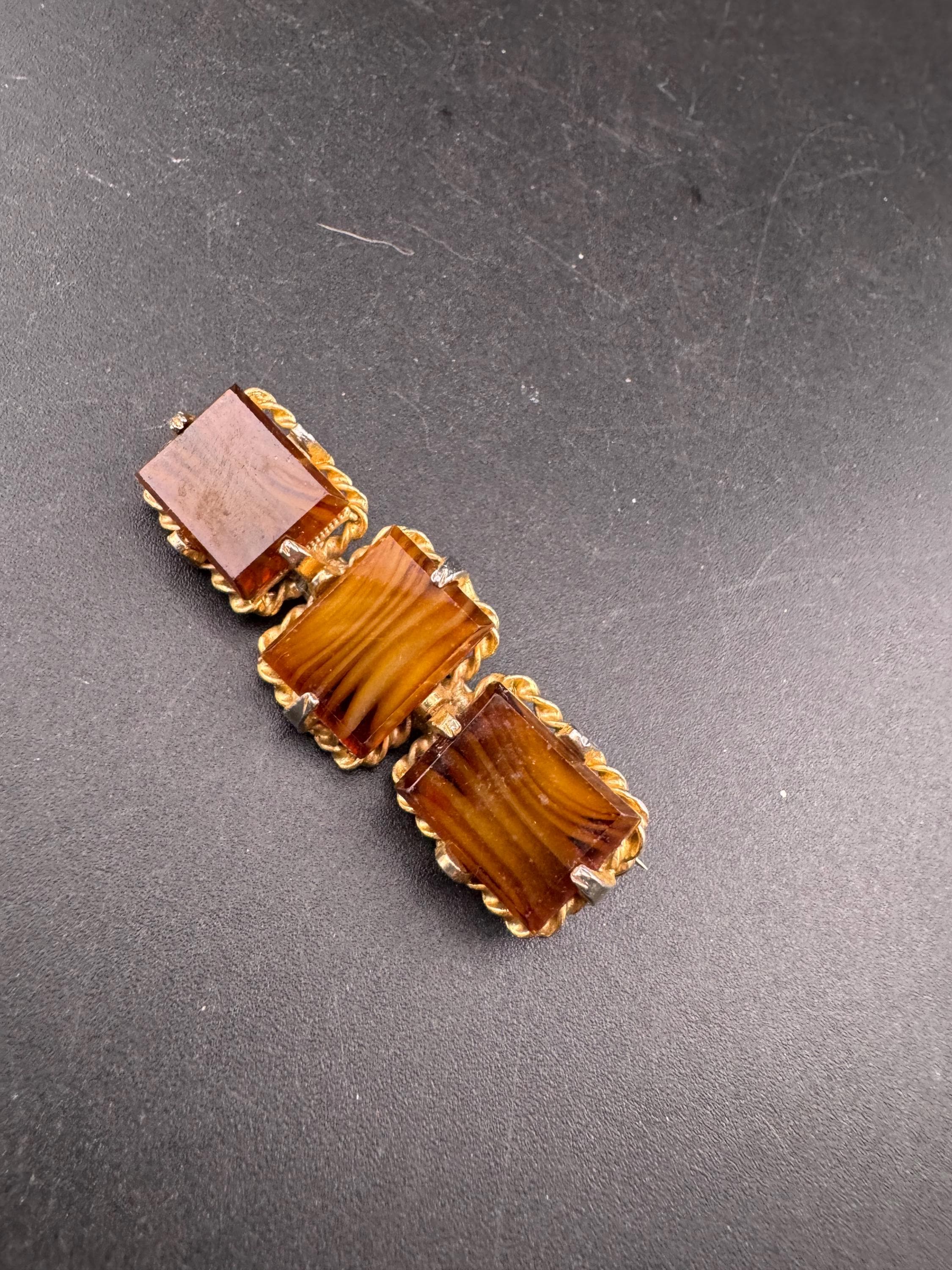 Vintage geometric triple panel  Brooch: Faux Agate Givre Glass, 1960s