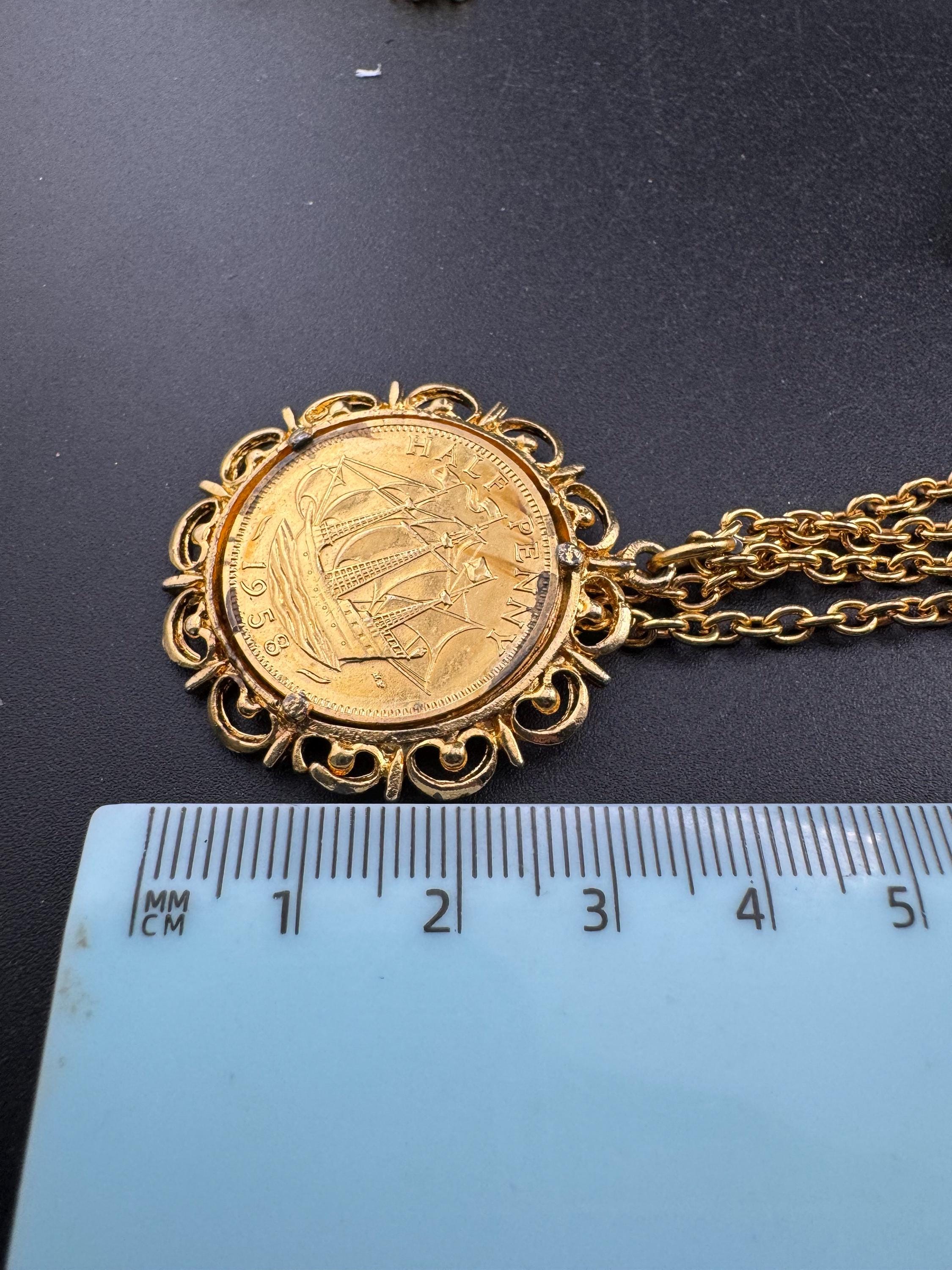 Vintage half penny coin pendant necklace , gold tone