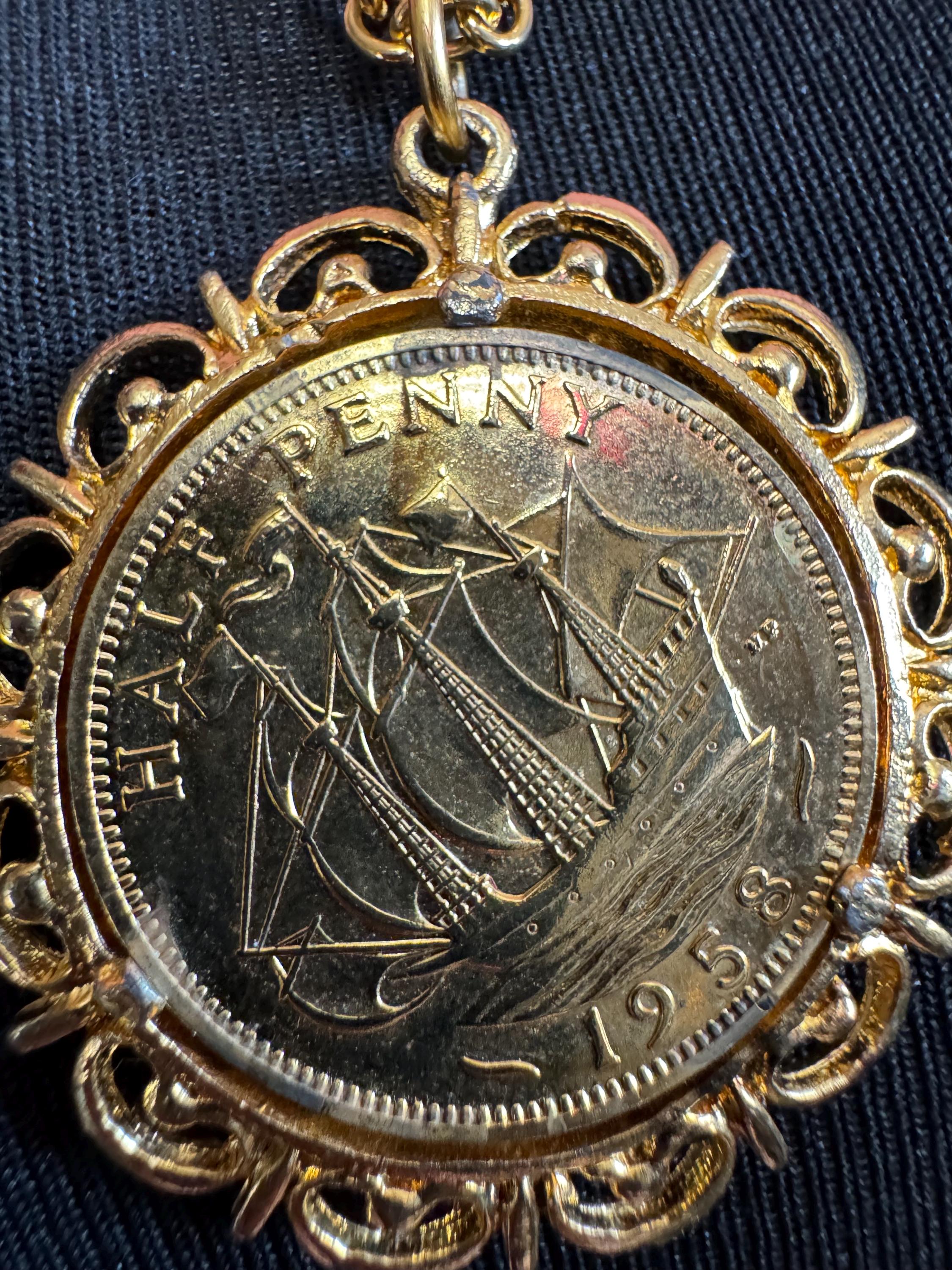 Vintage half penny coin pendant necklace , gold tone