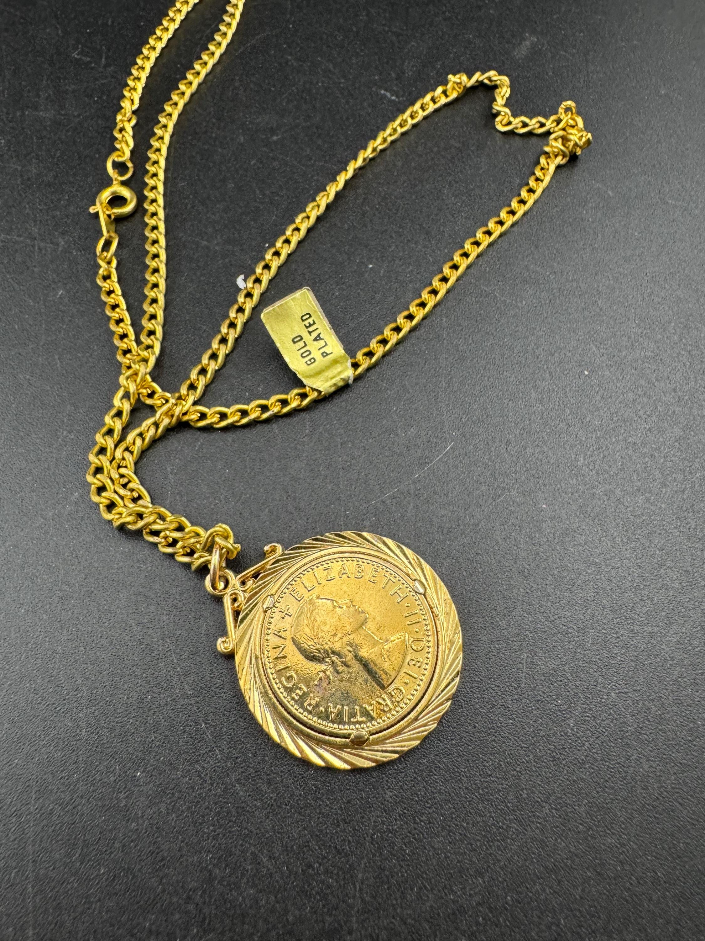 Vintage coin pendant necklace , gold tone circa 1970s