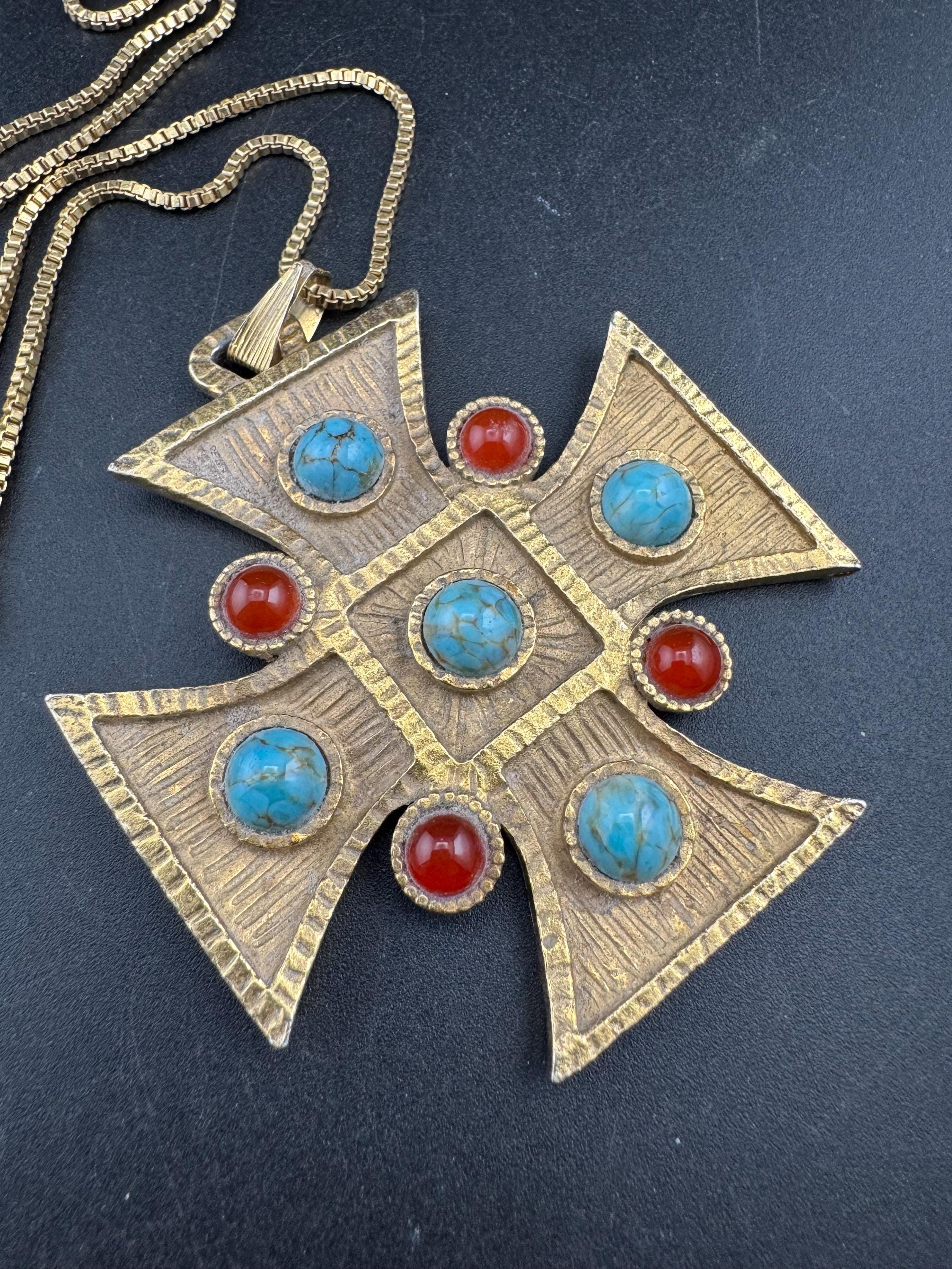 vintage large Maltese cross Pendant necklace, gold tone with faux gemstones 1970s