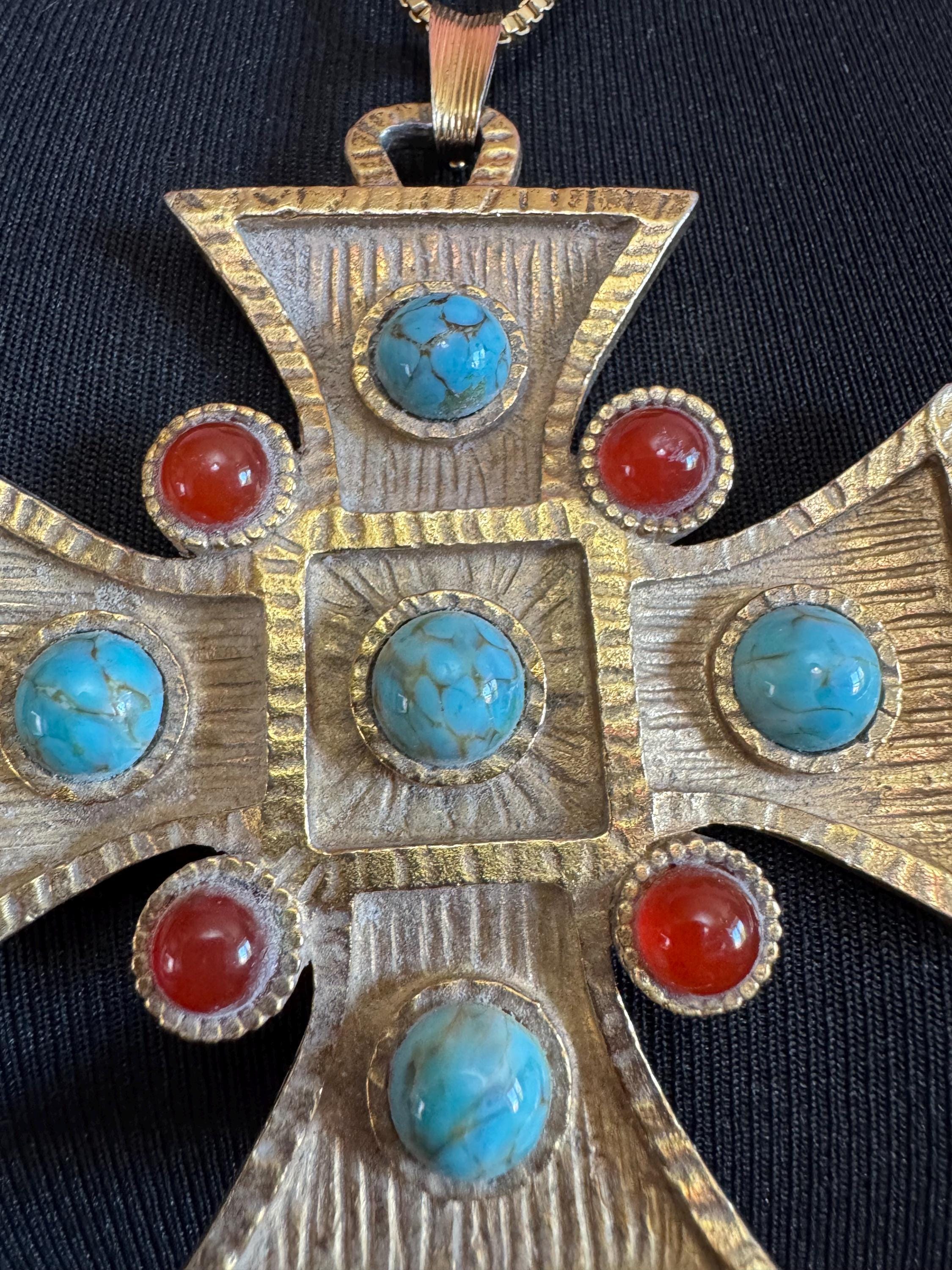 vintage large Maltese cross Pendant necklace, gold tone with faux gemstones 1970s