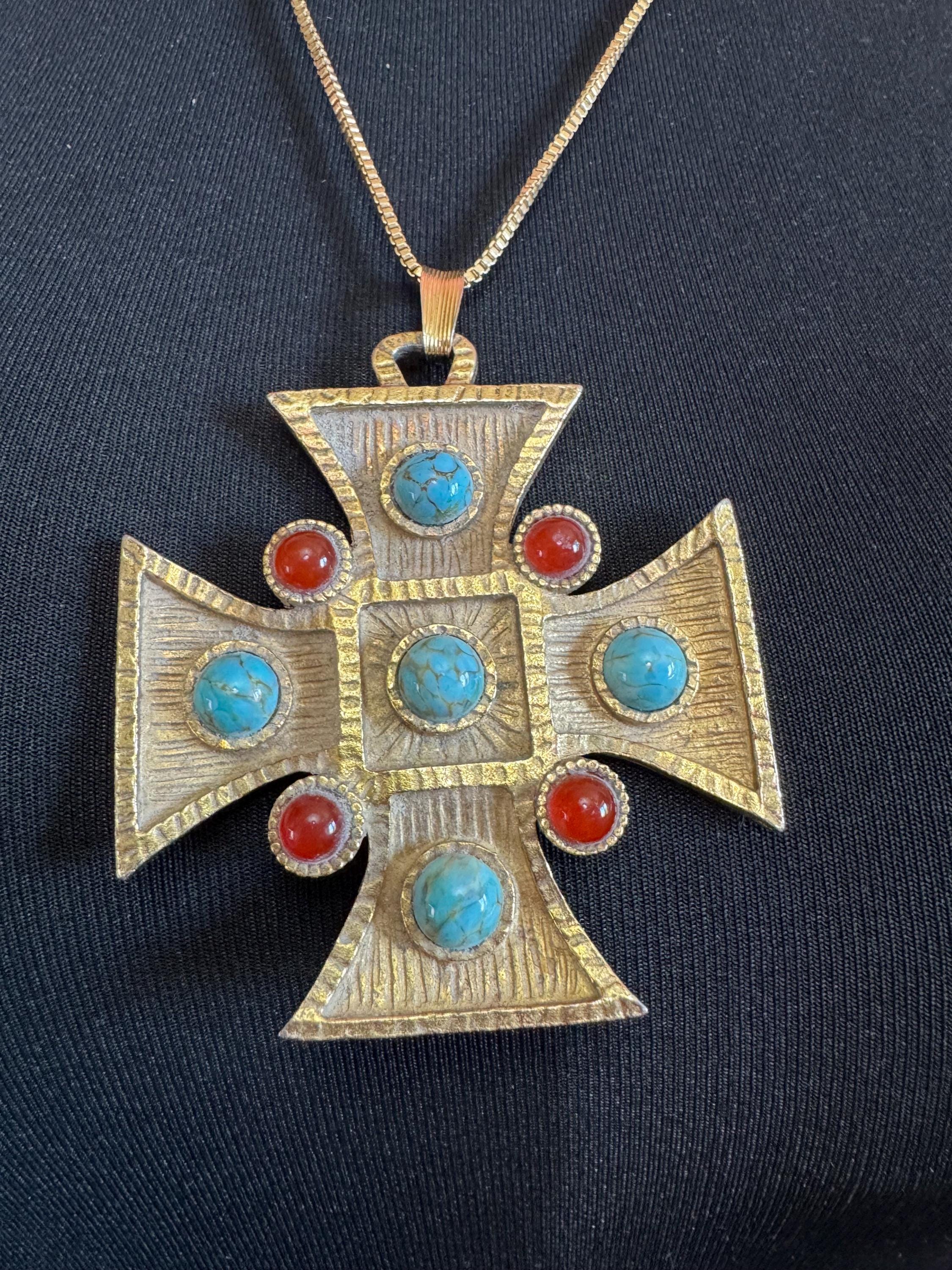 vintage large Maltese cross Pendant necklace, gold tone with faux gemstones 1970s