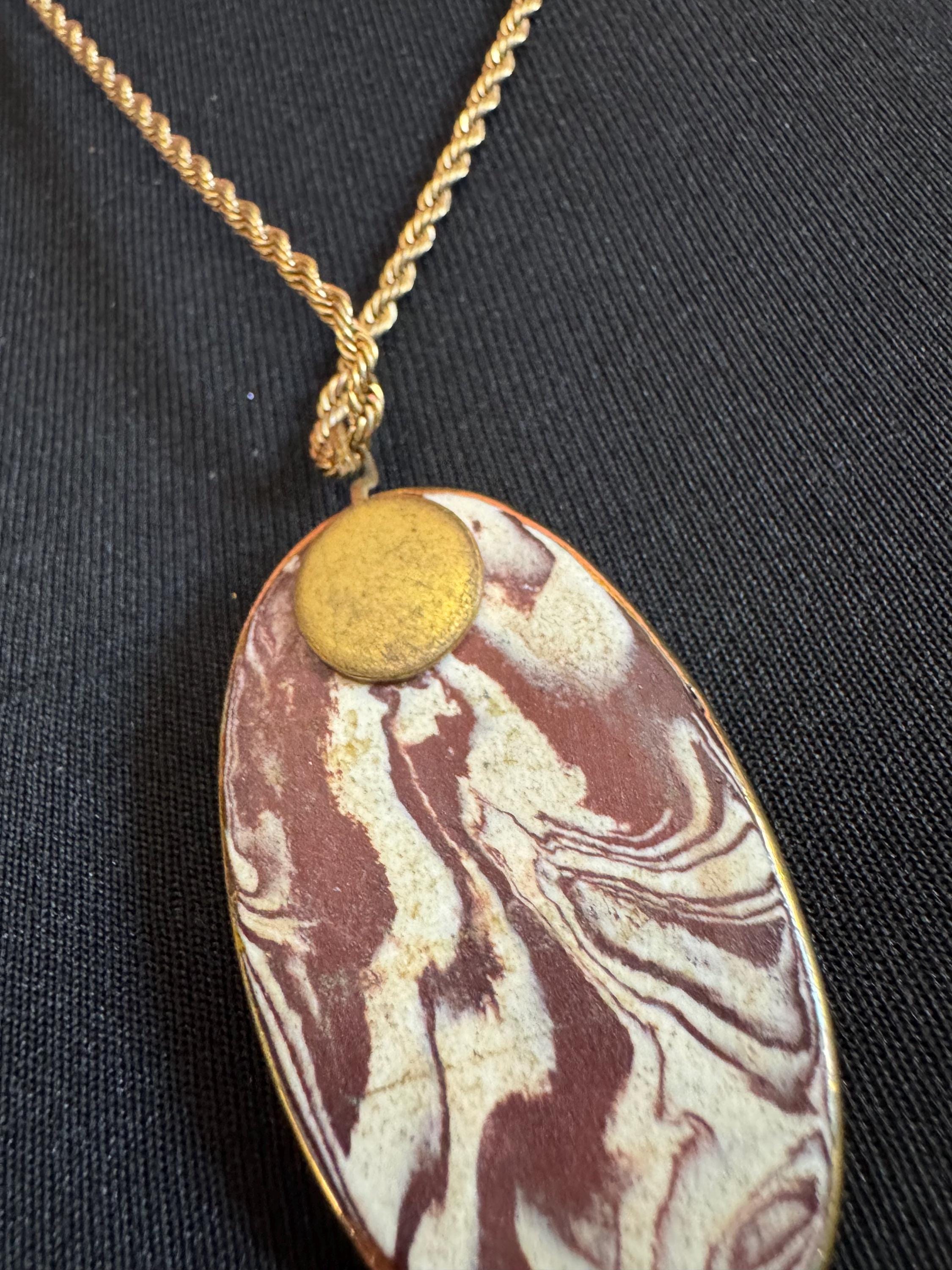 Vintage 1970s green and gold enamel pottery pendant necklace
