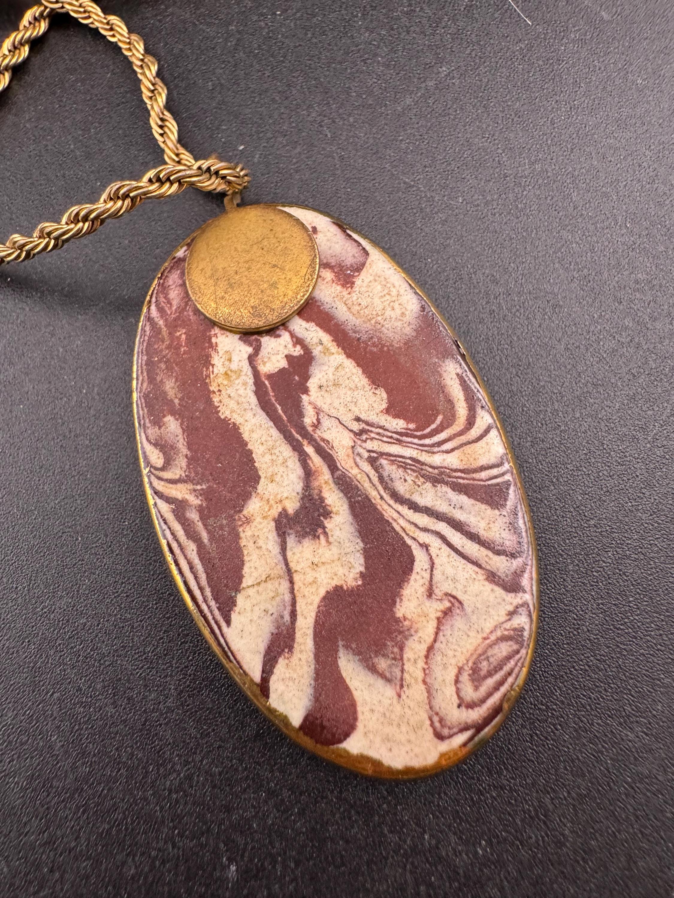 Vintage 1970s green and gold enamel pottery pendant necklace