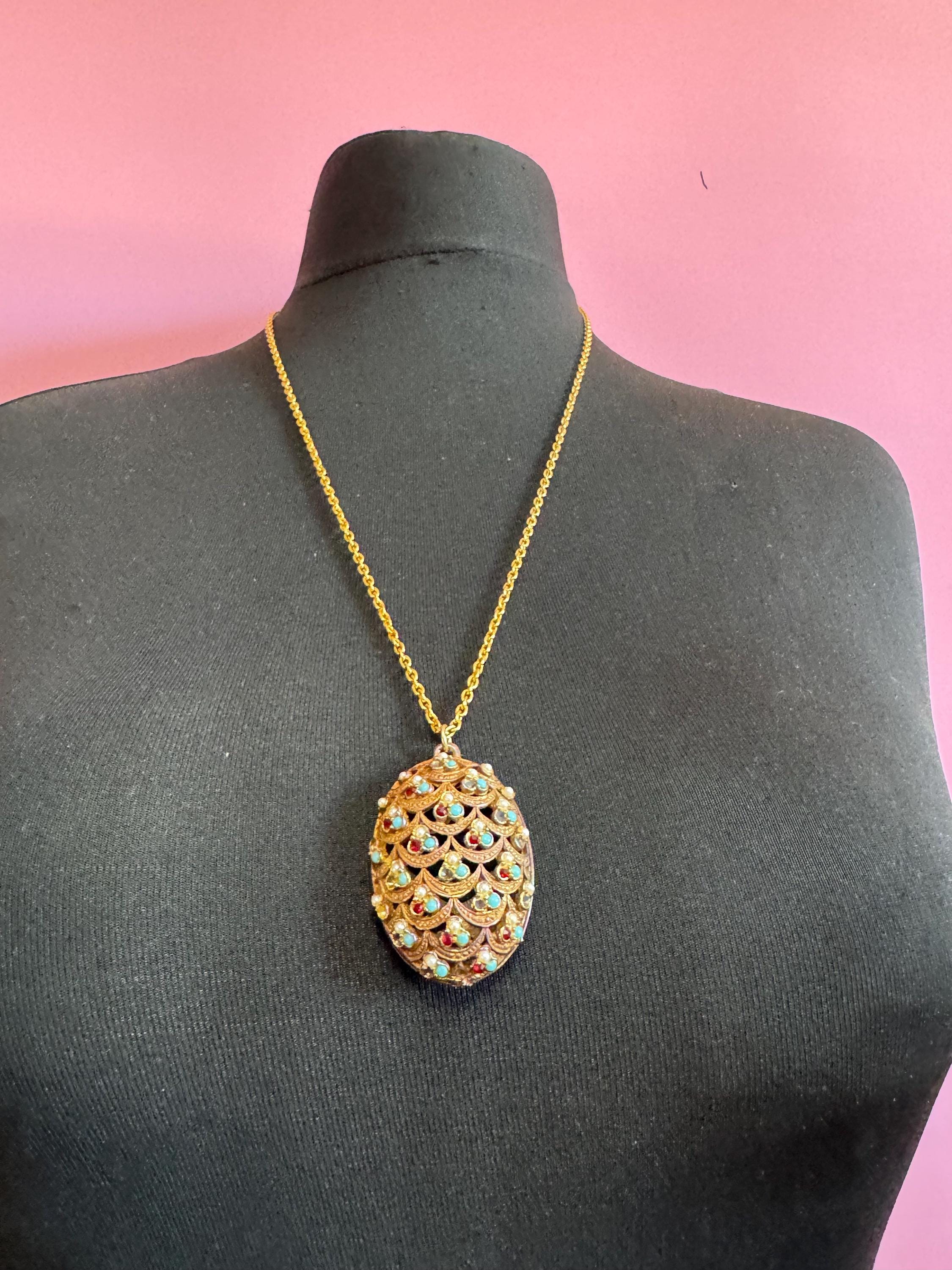 Vintage Garnet turquoise paste  Diamanté seed pearl ornate oval pendant, gold tone as found