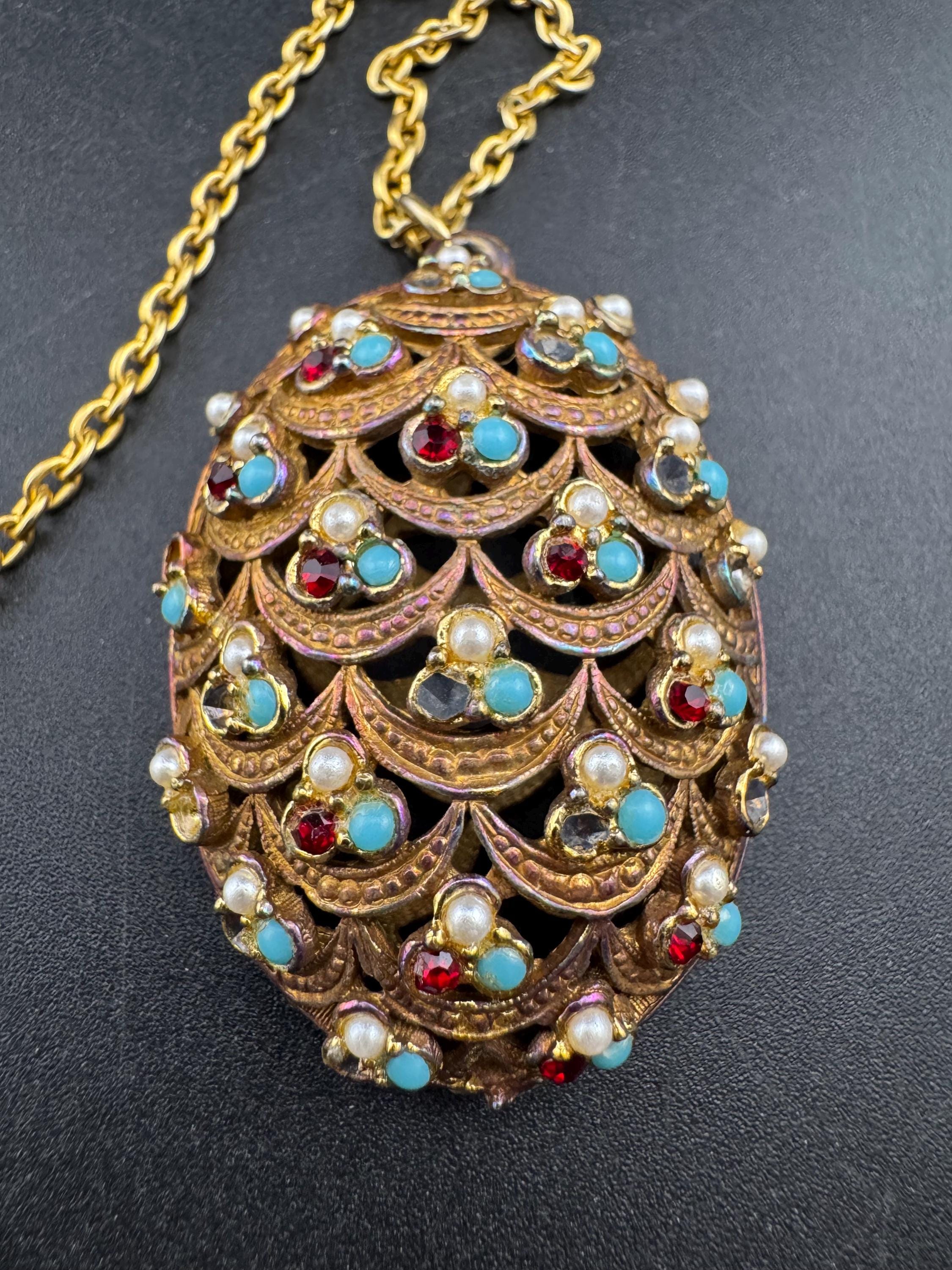 Vintage Garnet turquoise paste  Diamanté seed pearl ornate oval pendant, gold tone as found